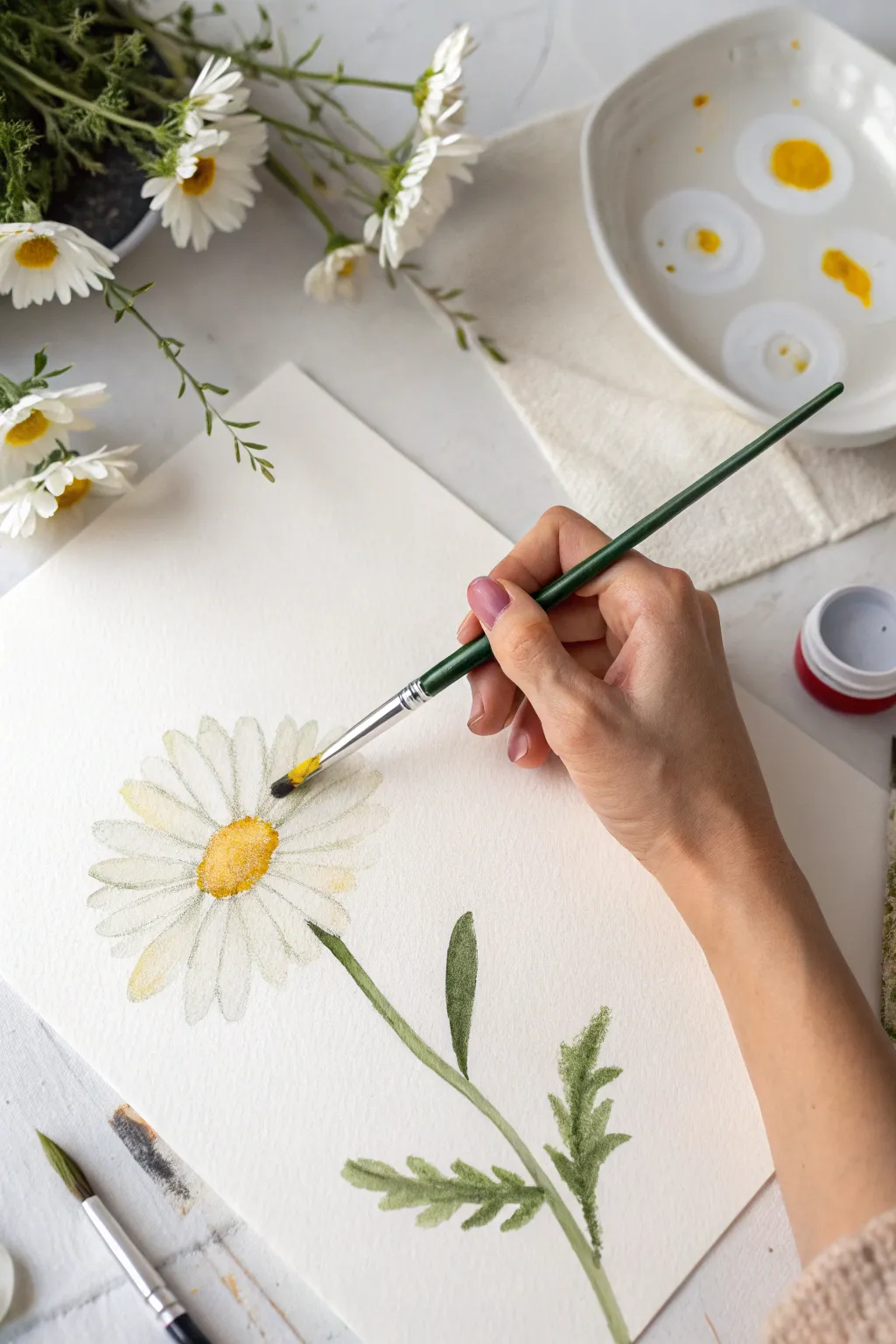 One-stroke daisy petals in crisp white with a sunny yellow center, painted top-down on clean paper
