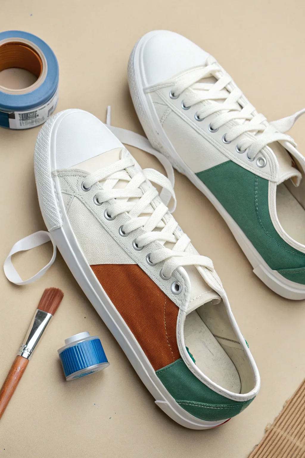 Classic two-color blocked canvas sneakers with clean tape lines, minimalist boho vibe.