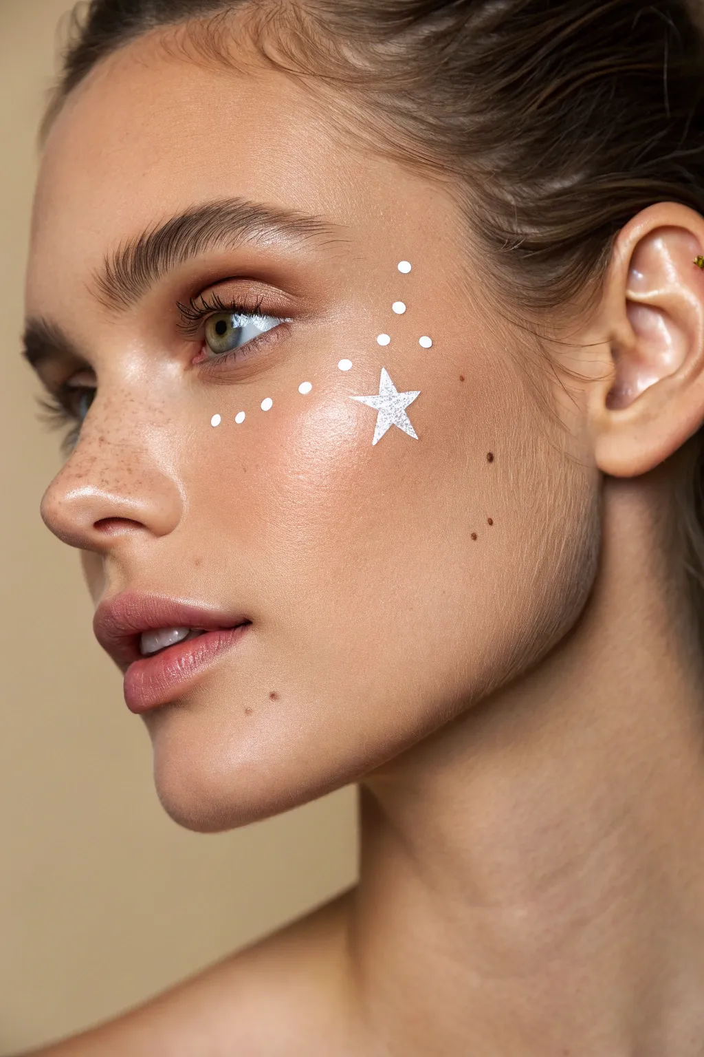 Classic starburst cheek face paint, minimalist boho vibe with crisp white dots and lots of breathing room