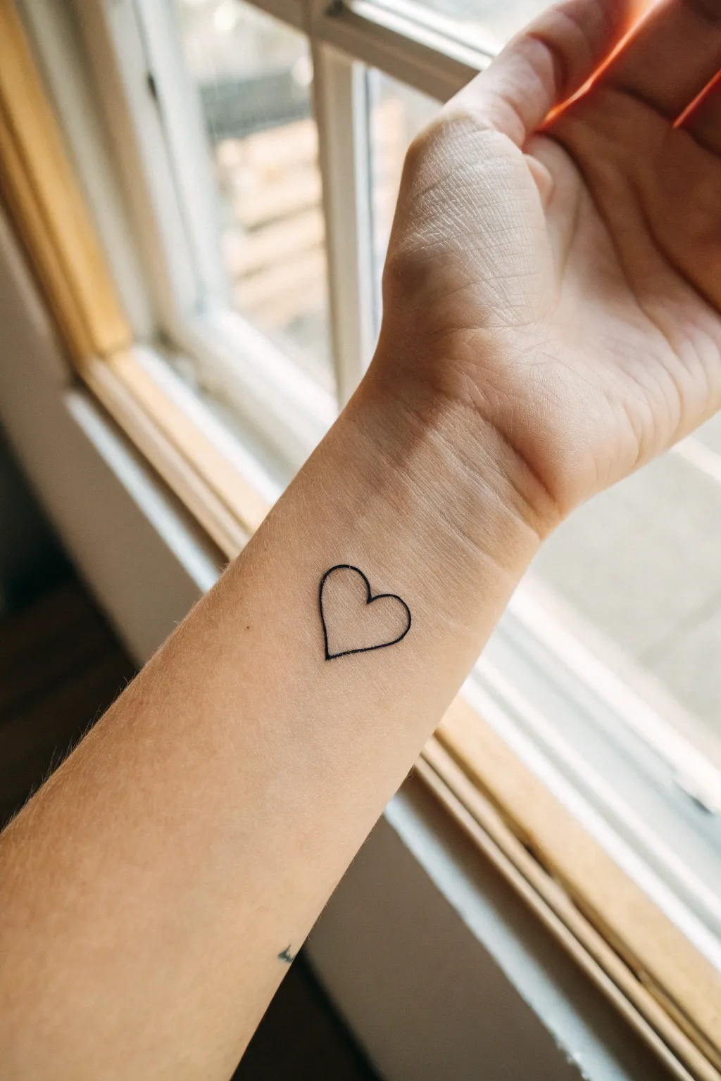 Tiny heart outline tattoo in soft natural light, minimalist Scandinavian mood with clean contrast