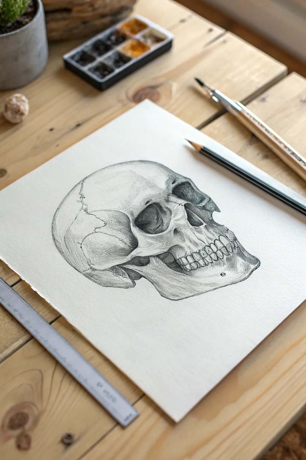 Moody graphite skull study with crisp shadows, ideal for practicing light, form, and depth.