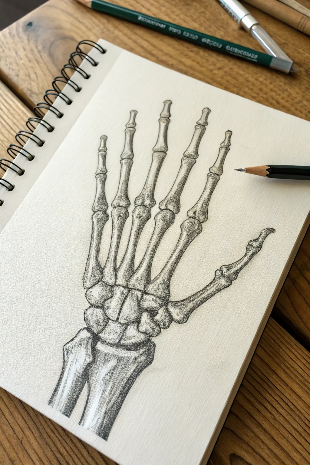 Classic open-palm skeleton hand study with clean linework and gentle shading on white paper