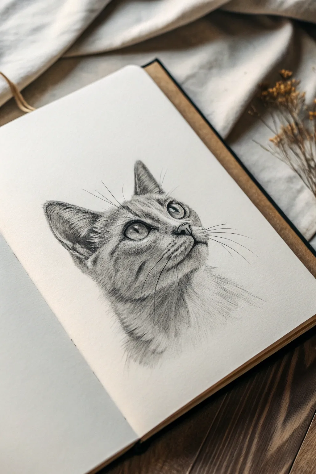 Minimalist cat head sketch with crisp whiskers and expressive eyes, perfect for drawing practice.