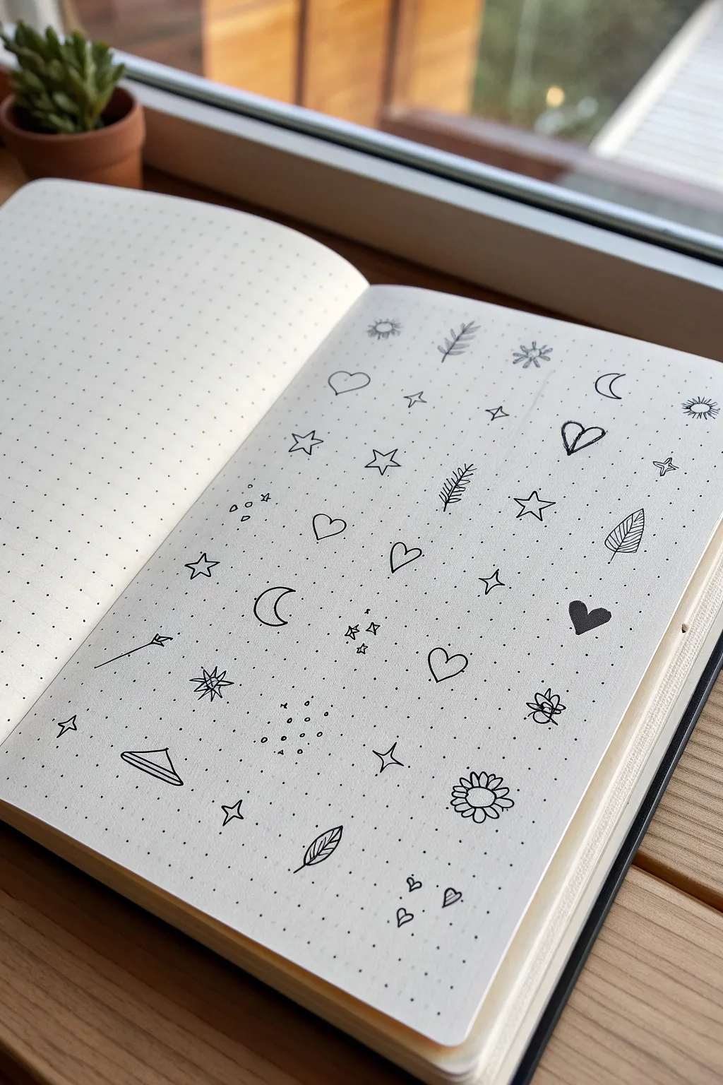 Minimal grid of easy doodle icons for a clean sketchbook page with airy Scandinavian vibes