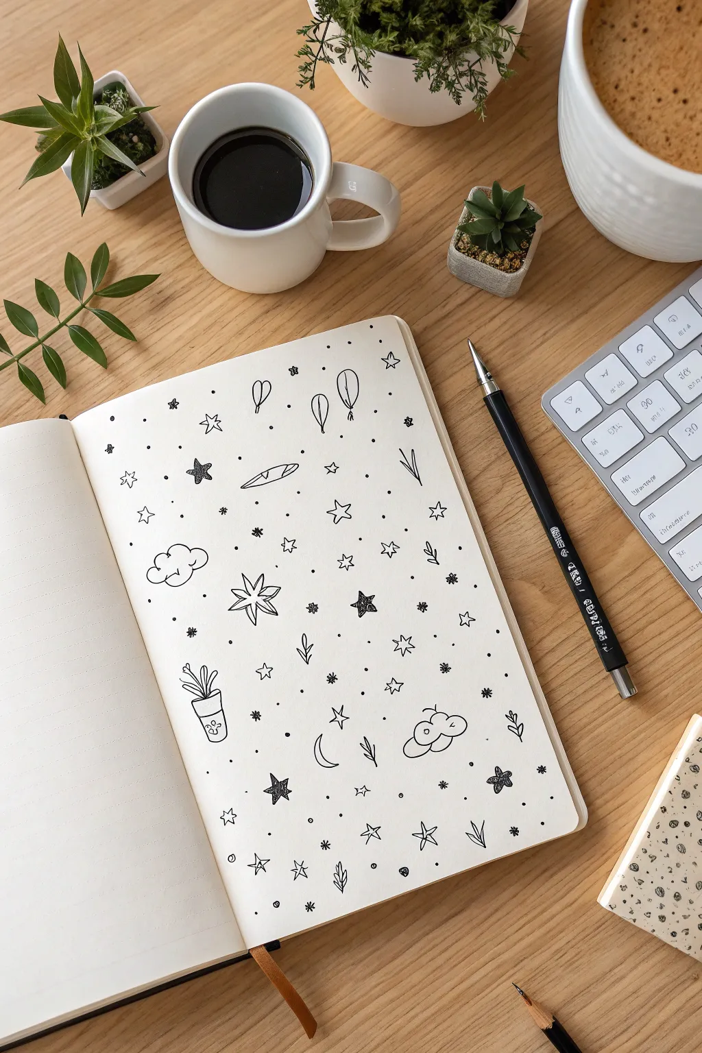 Daily doodle dump: an open sketchbook packed with tiny pen sketches, cozy and pressure-free.