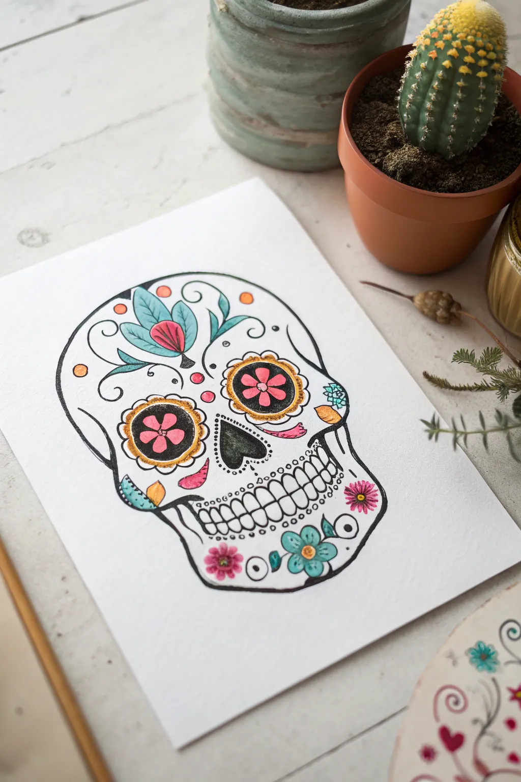 Classic sugar skull pattern fill with bright florals, swirls, and crisp symmetry on white paper