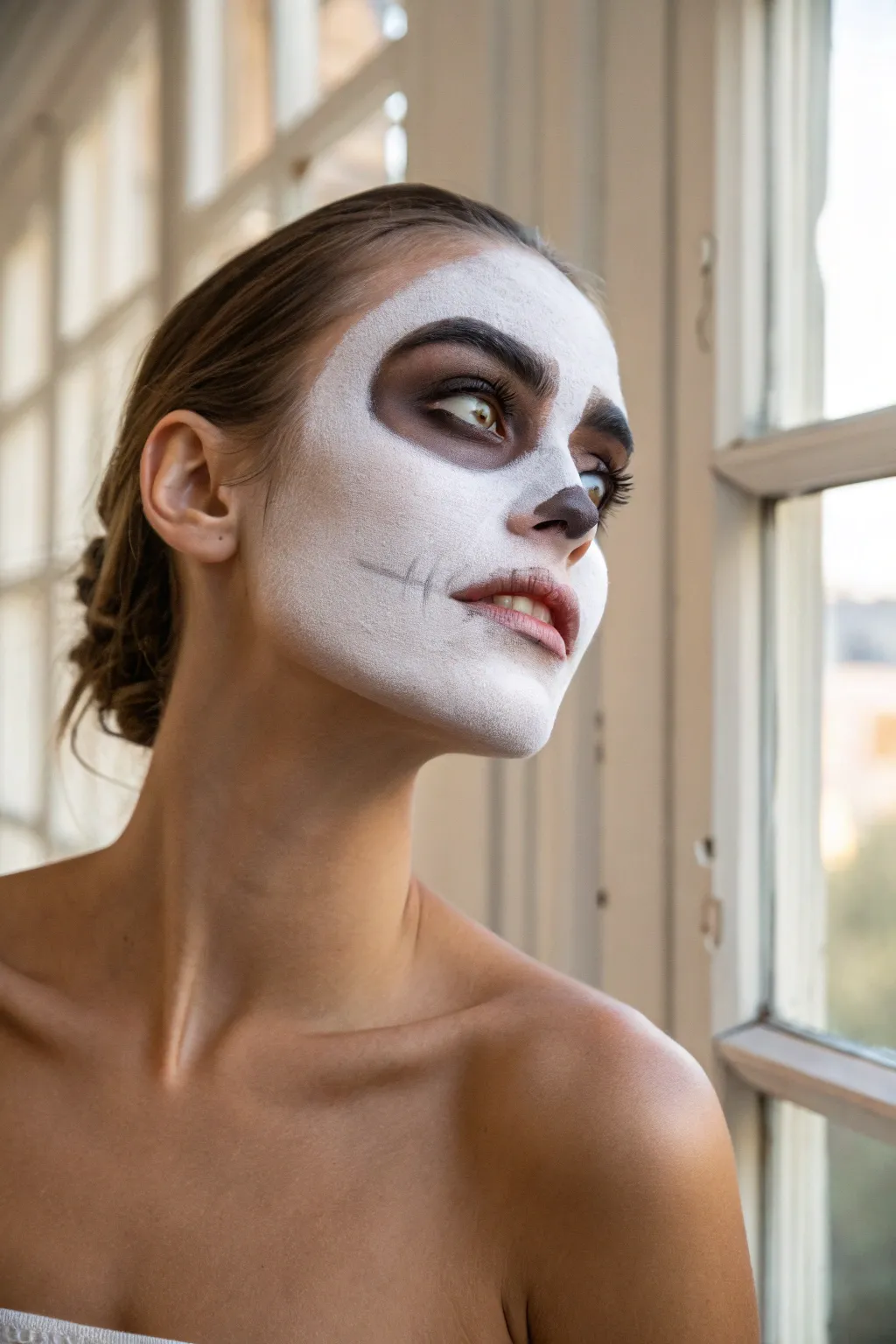 Classic full-face skull paint with crisp eye sockets, defined teeth, and soft cheek contour.