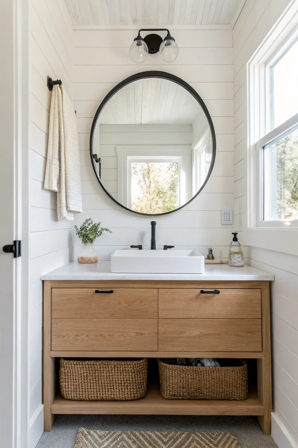 Warm white walls and a glowing round mirror make this tiny bathroom feel bright, calm, and roomy.