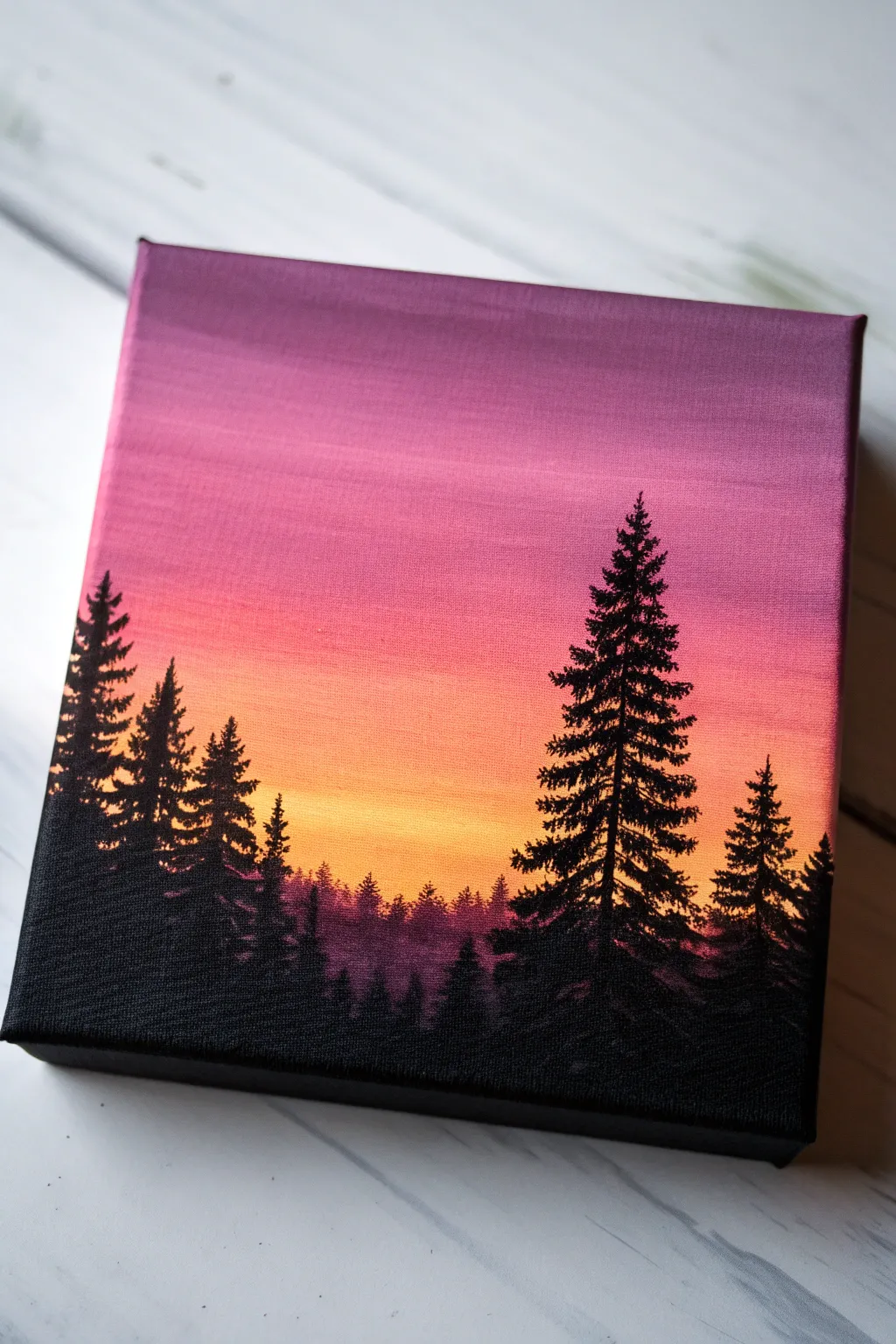 Small canvas sunset gradient with a crisp black silhouette, minimalist and calming boho vibes