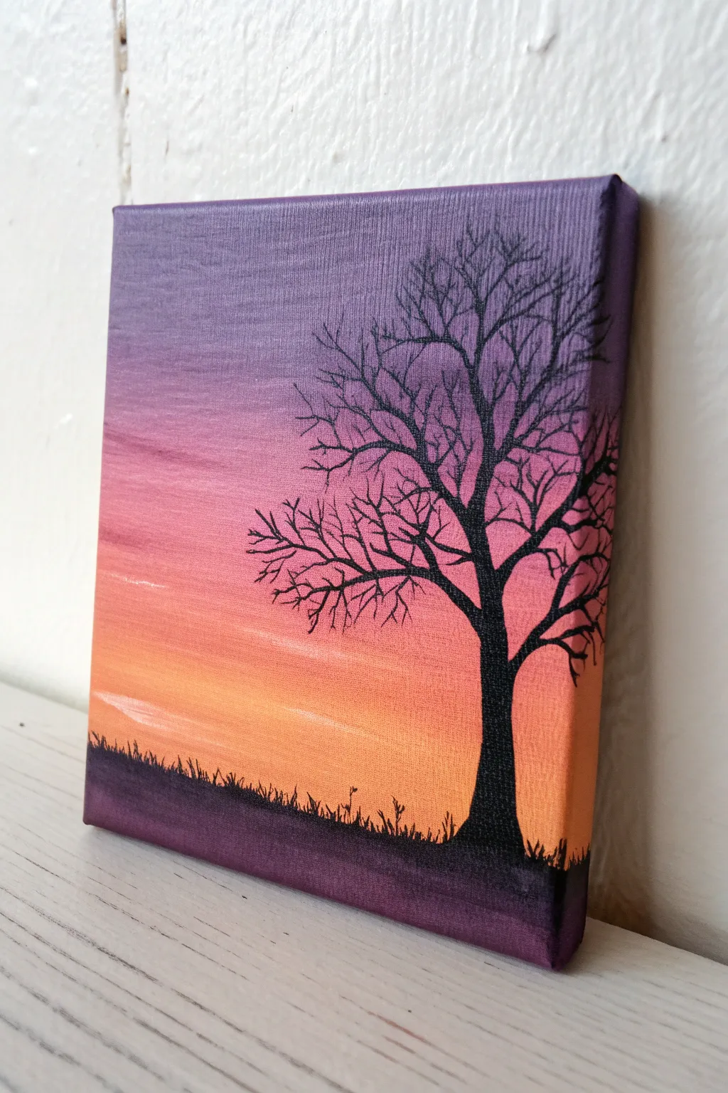 Easy mini canvas sunset gradient with a bold tree silhouette for instant contrast