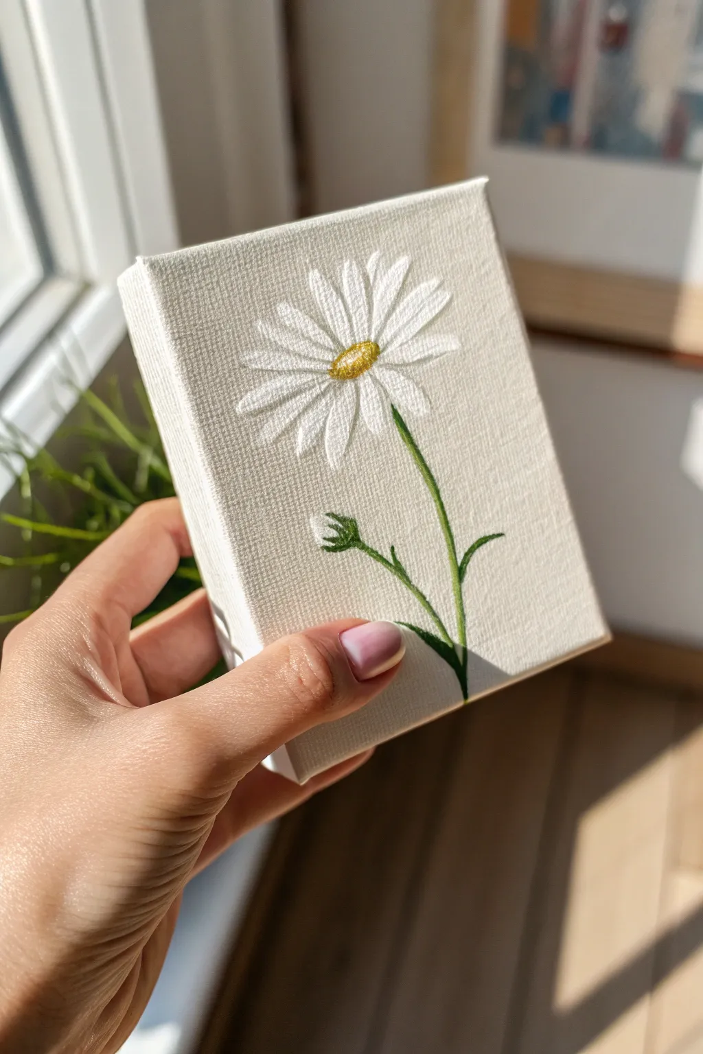 Paint a tiny single daisy on a mini canvas, simple strokes, big charm for cozy minimal decor