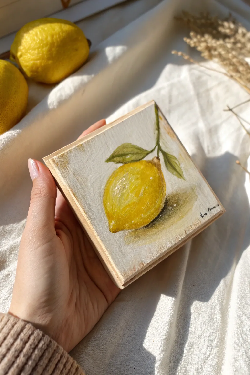 Single fruit study: a tiny lemon oil painting on a small panel, simple and beautifully handmade.