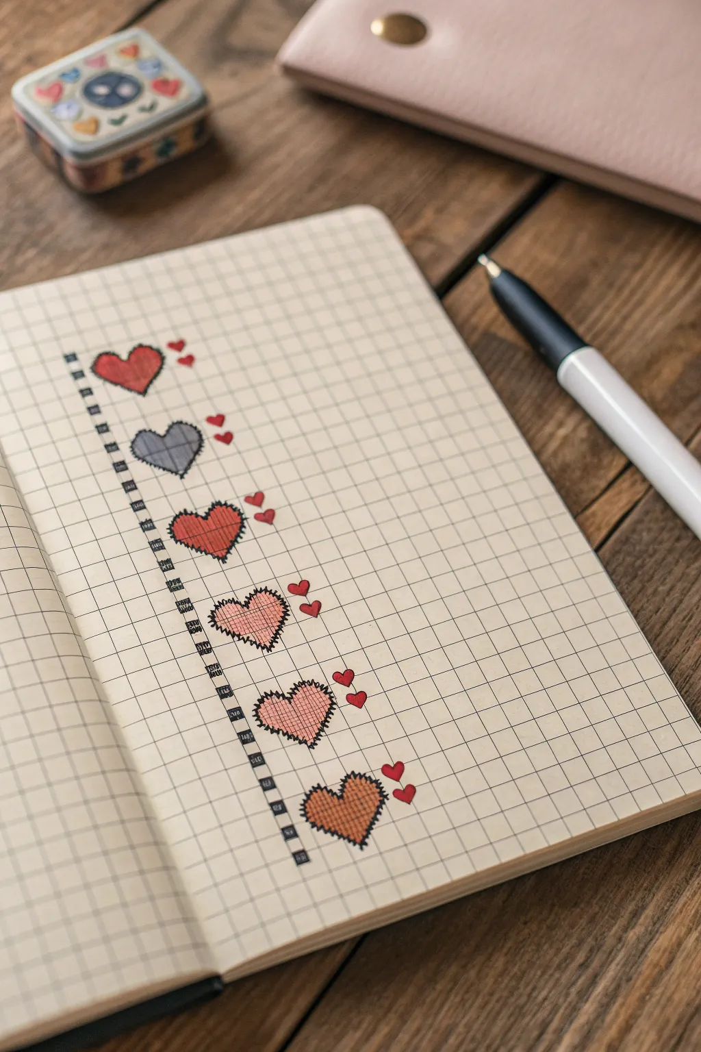 Tiny pixel hearts and sparkles in a clean minimalist palette, perfect for small pixel art practice