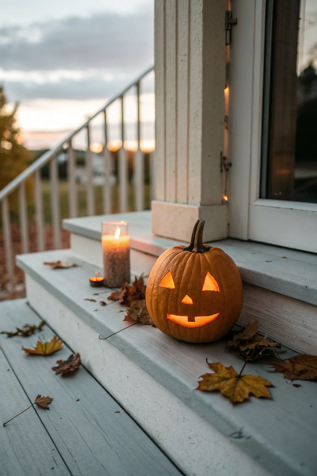 Classic mini jack o lantern glow on porch steps, simple face and cozy autumn leaves