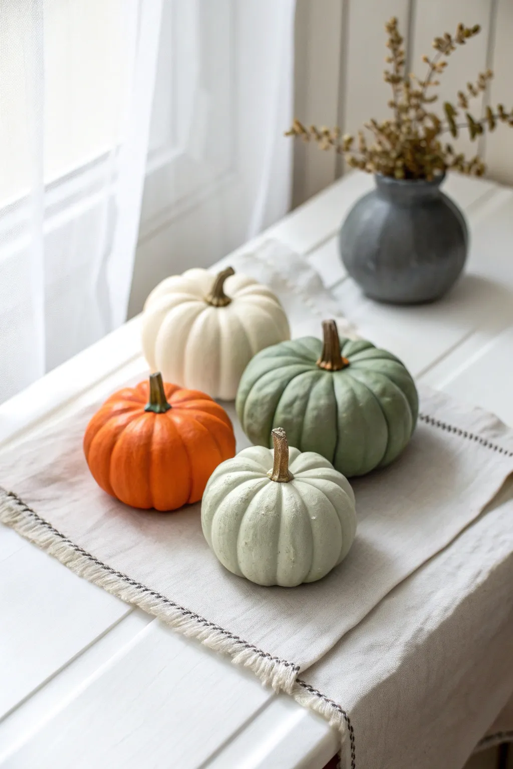 Solid-color mini pumpkins in orange, cream, sage, and charcoal for clean Scandinavian fall style.
