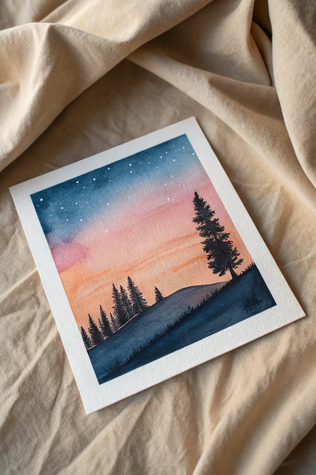 Mini sunset gradient postcard with clean white border and simple tree silhouette, cozy and modern