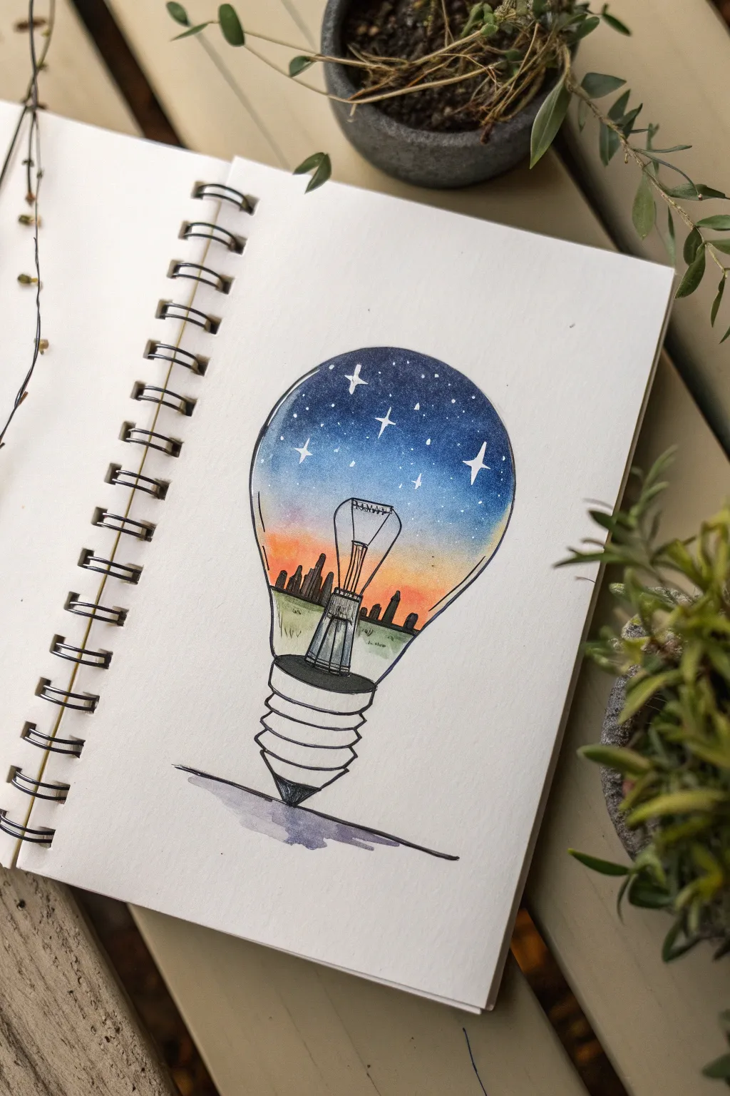 A minimalist lightbulb outline holding a tiny universe inside, crisp highlights and bold contrast