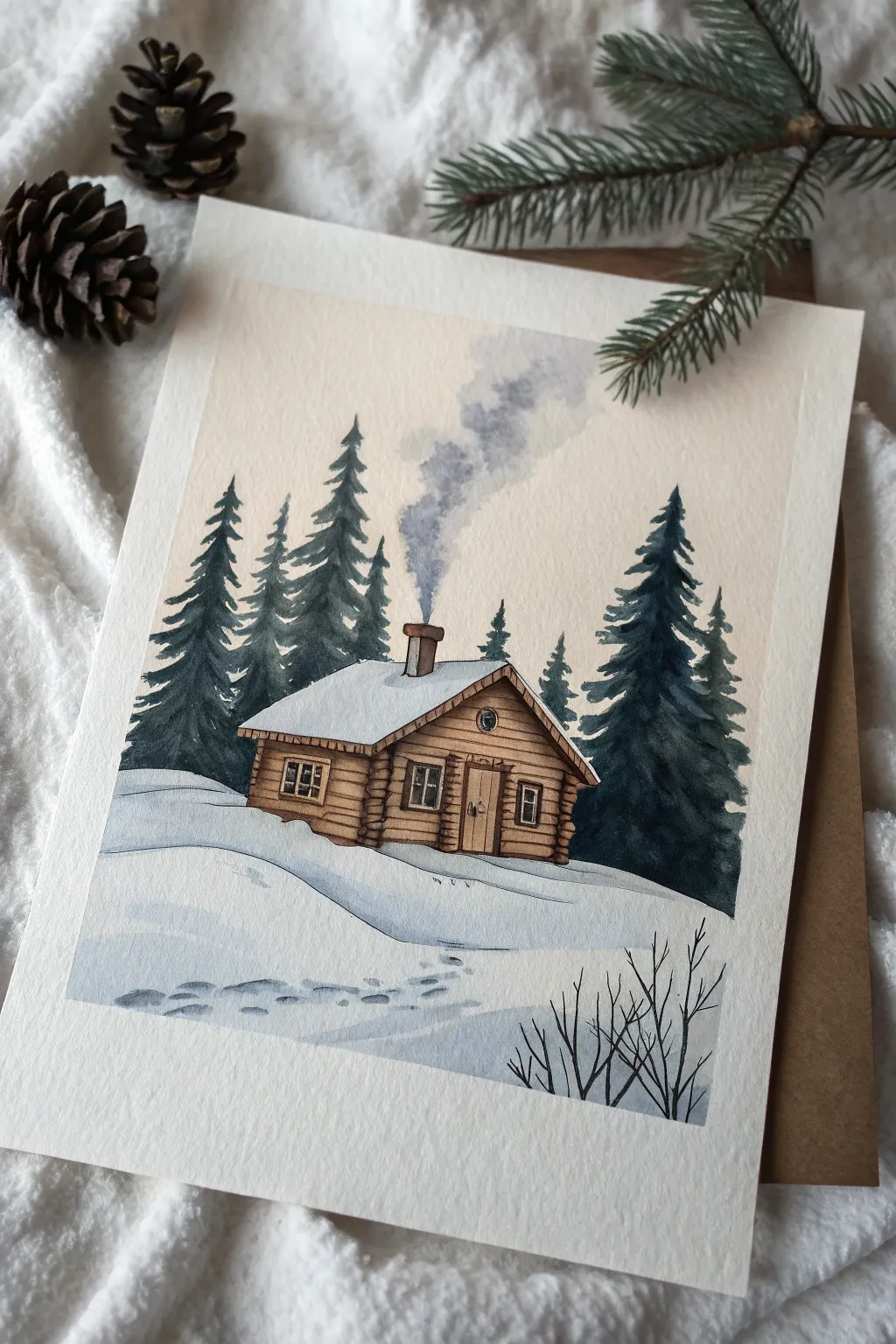 Minimal snowy cabin drawing with curling chimney smoke and pine silhouettes for winter sketching