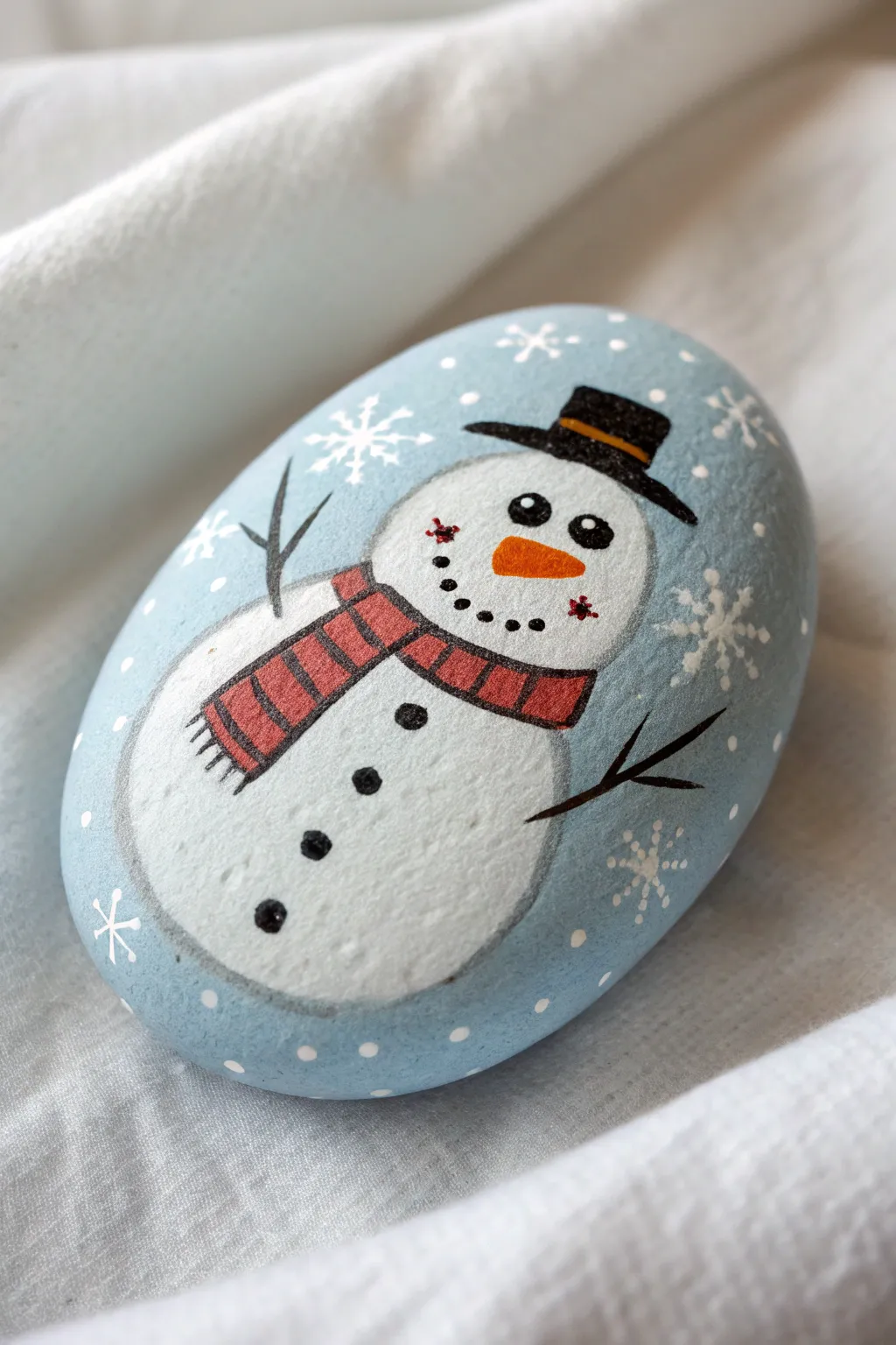 Minimalist snowman rock painting with cozy scarf and crisp winter blues for easy DIY joy.