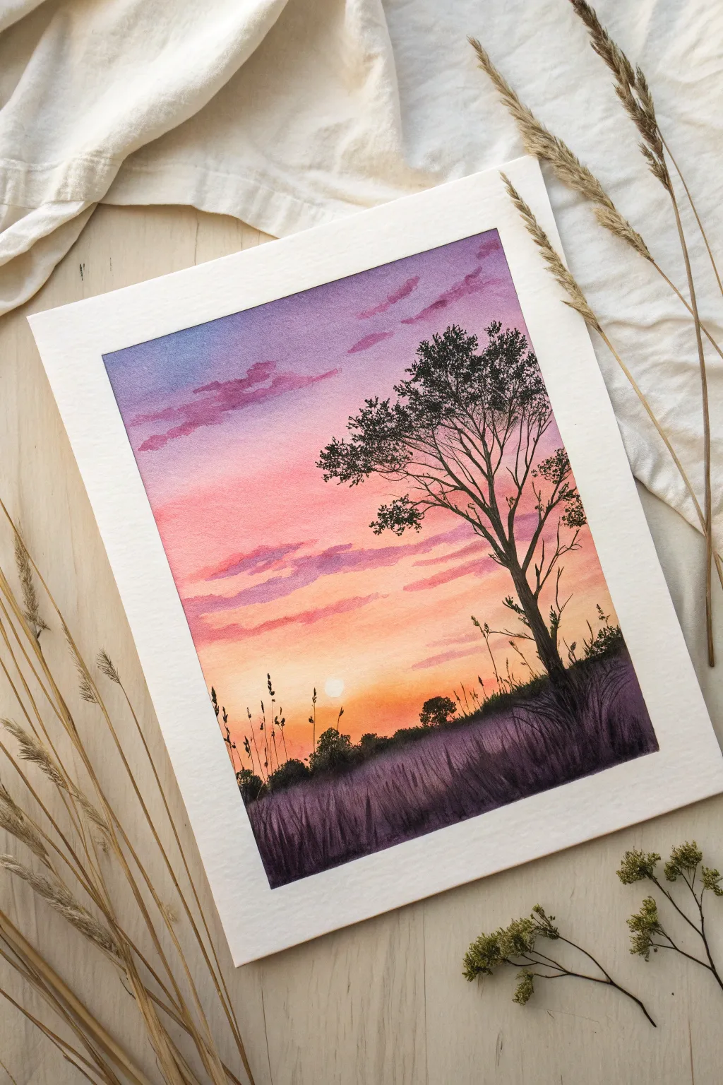 Dreamy sunset gradient in soft pastels with crisp silhouettes, clean taped border, calming minimal style.