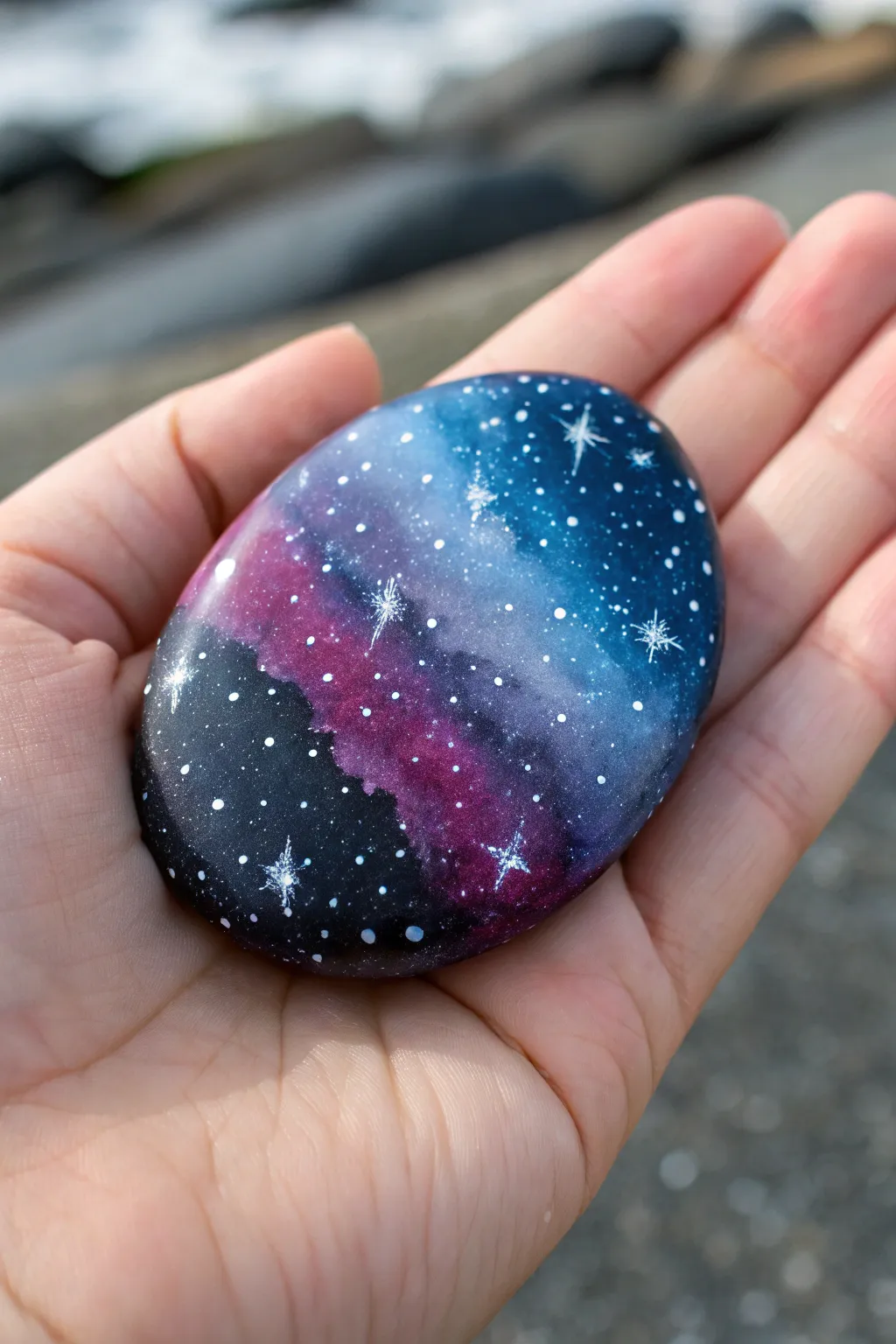 Sponge-blended galaxy rock in blues and purples to black, finished with crisp white star splatter