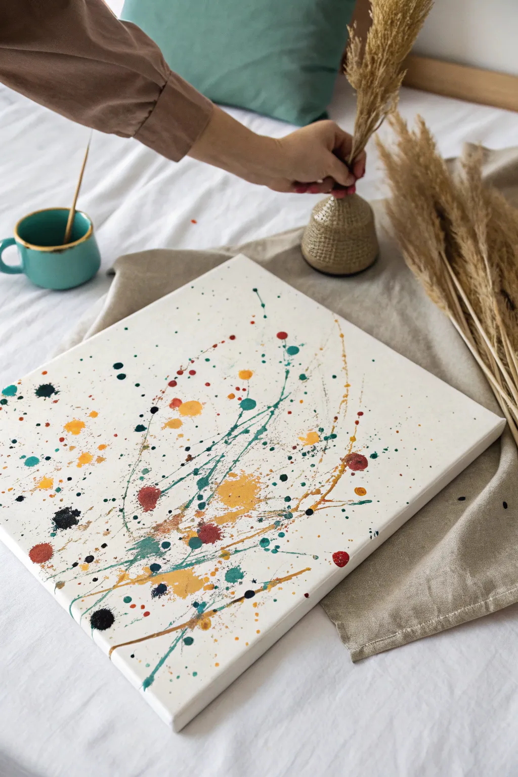 Classic abstract splatter canvas with bold boho colors, captured mid-flick in soft Nordic light