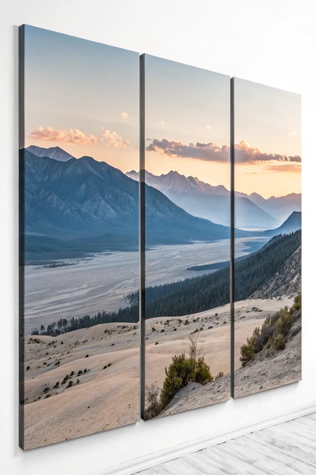 Panoramic mountain triptych with a clean continuous horizon line, minimal Nordic boho mood