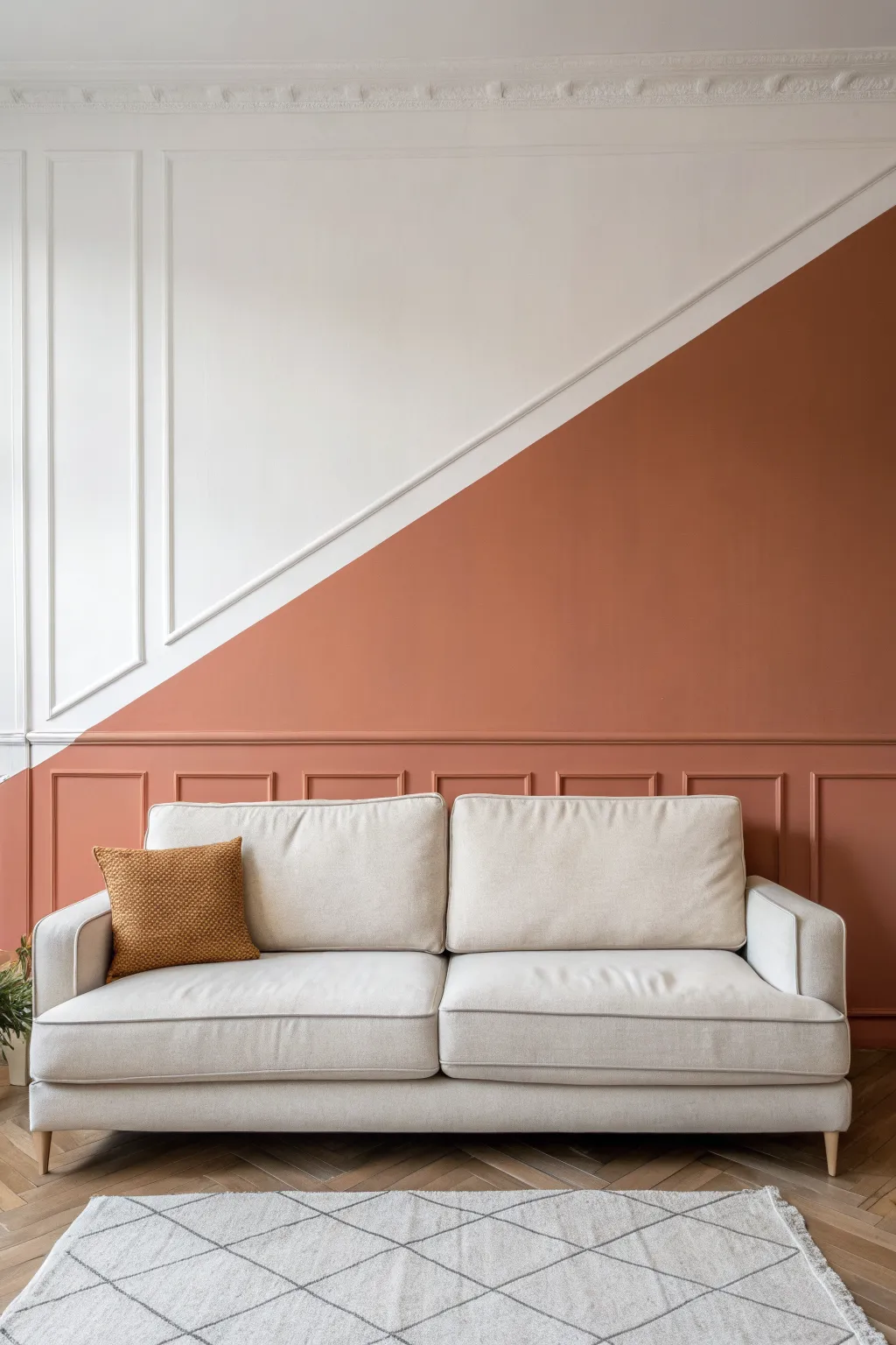 Classic half-and-half wall split with a crisp line, styled to complement a centered sofa