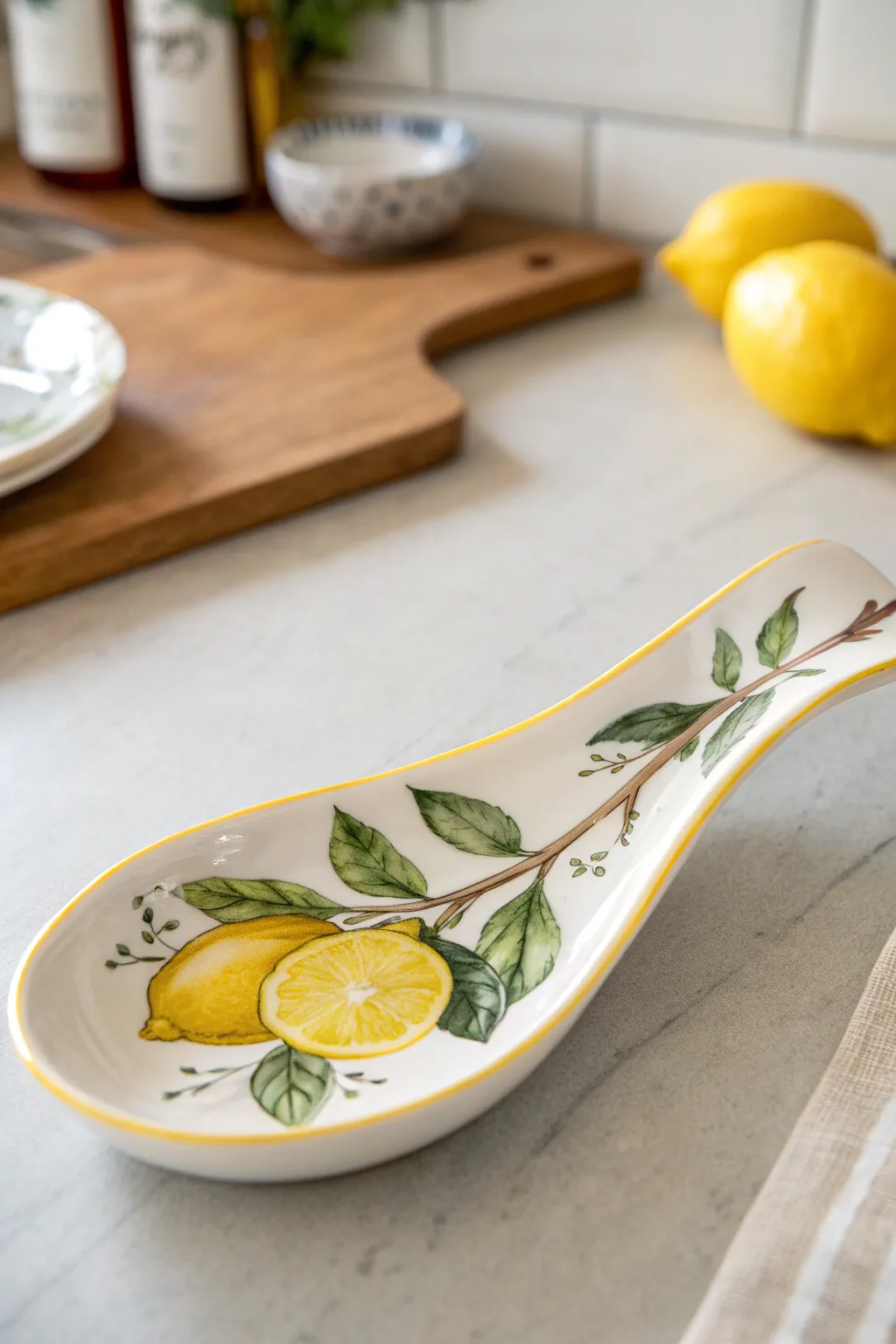 Add a zest of Italy to your kitchen with this lovely hand-painted lemon spoon rest design.