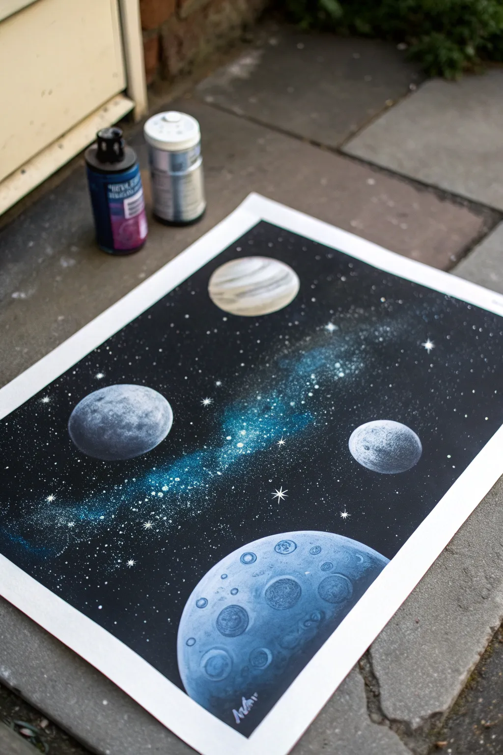 Classic spray paint planets and starfield with crisp masks and bright star clusters