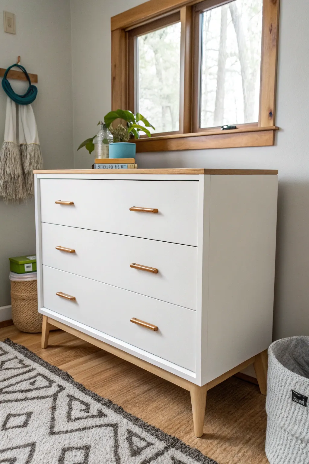 Classic solid-color dresser makeover with smooth spray finish, styled in a calm neutral bedroom.