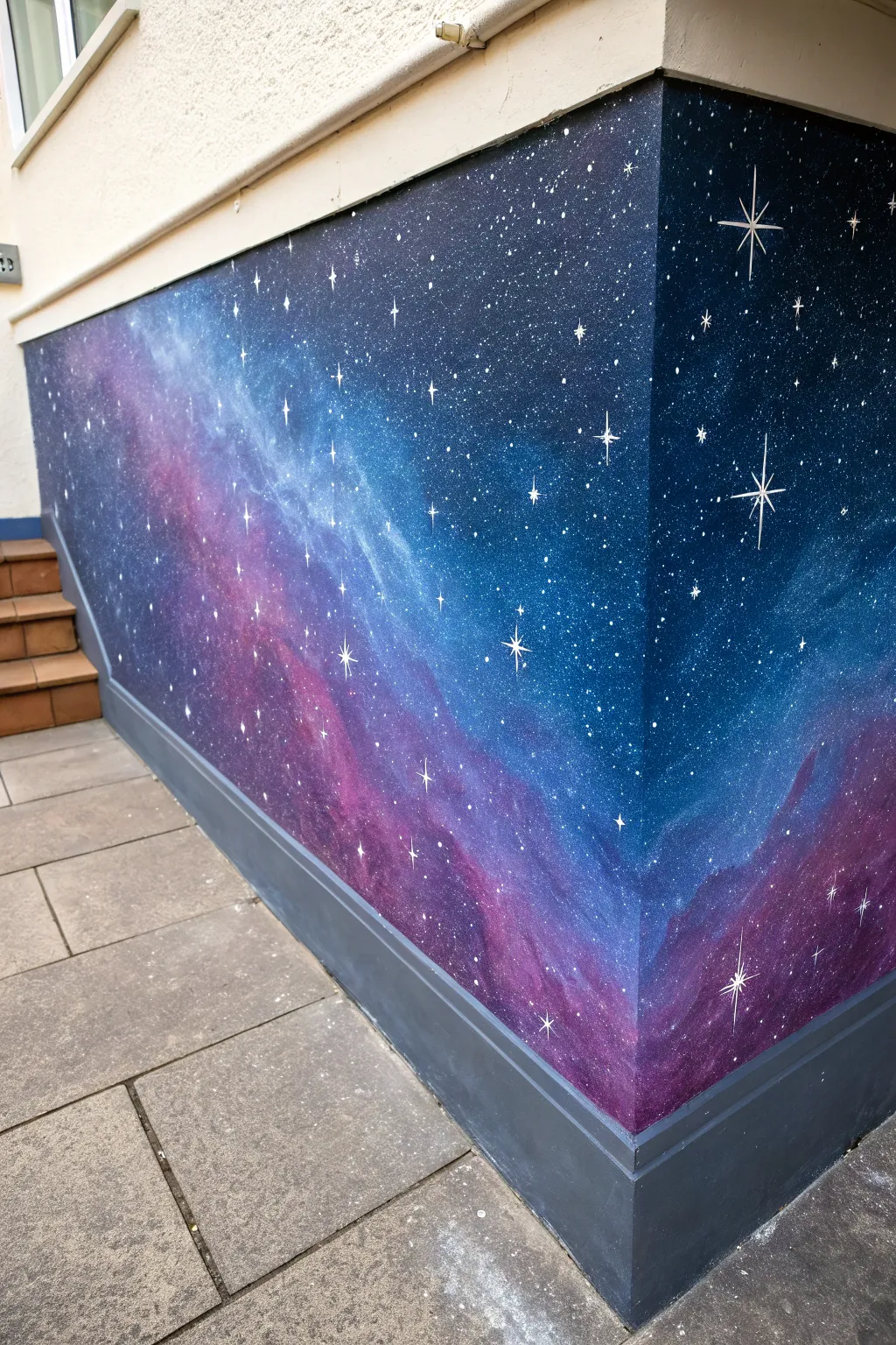 Classic galaxy mural corner with dreamy purple-blue blends and crisp starfield splatter