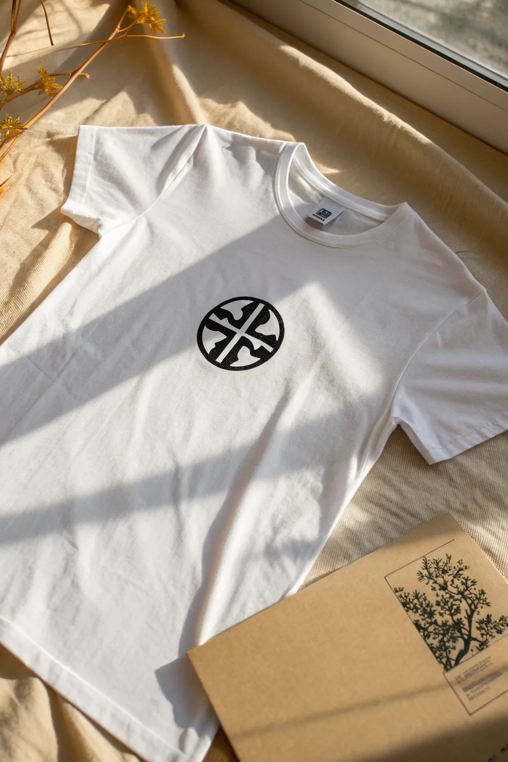 Classic stencil spray paint tee: crisp bold icon on clean white cotton, minimal and modern