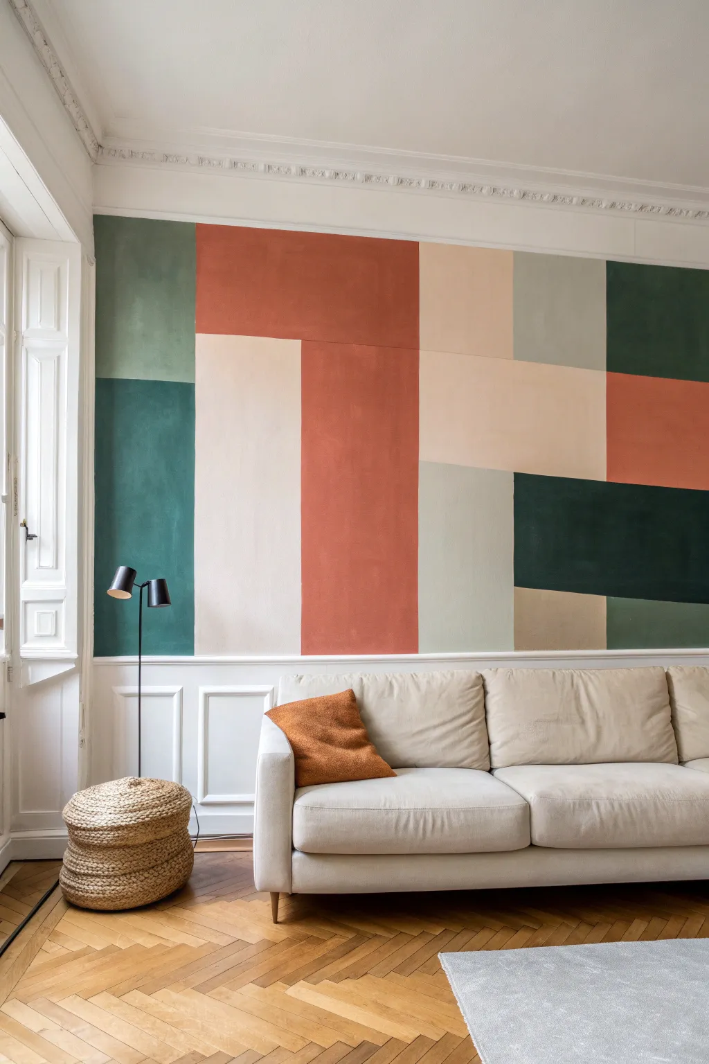 Bold abstract spray paint color blocks with soft edges, a chic minimalist boho focal wall.