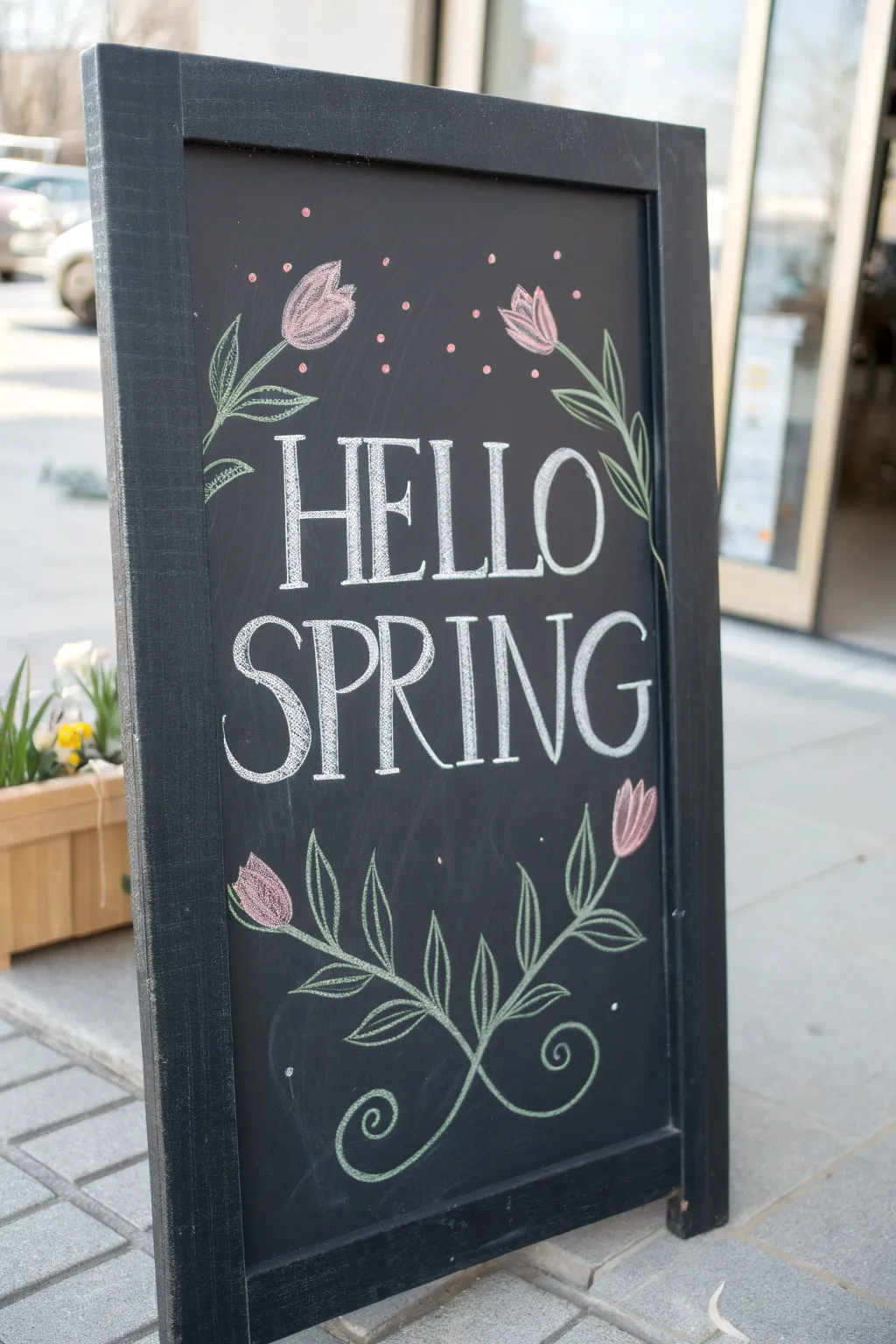 Minimalist Hello Spring chalkboard with tulip corner florals in soft spring pastels.