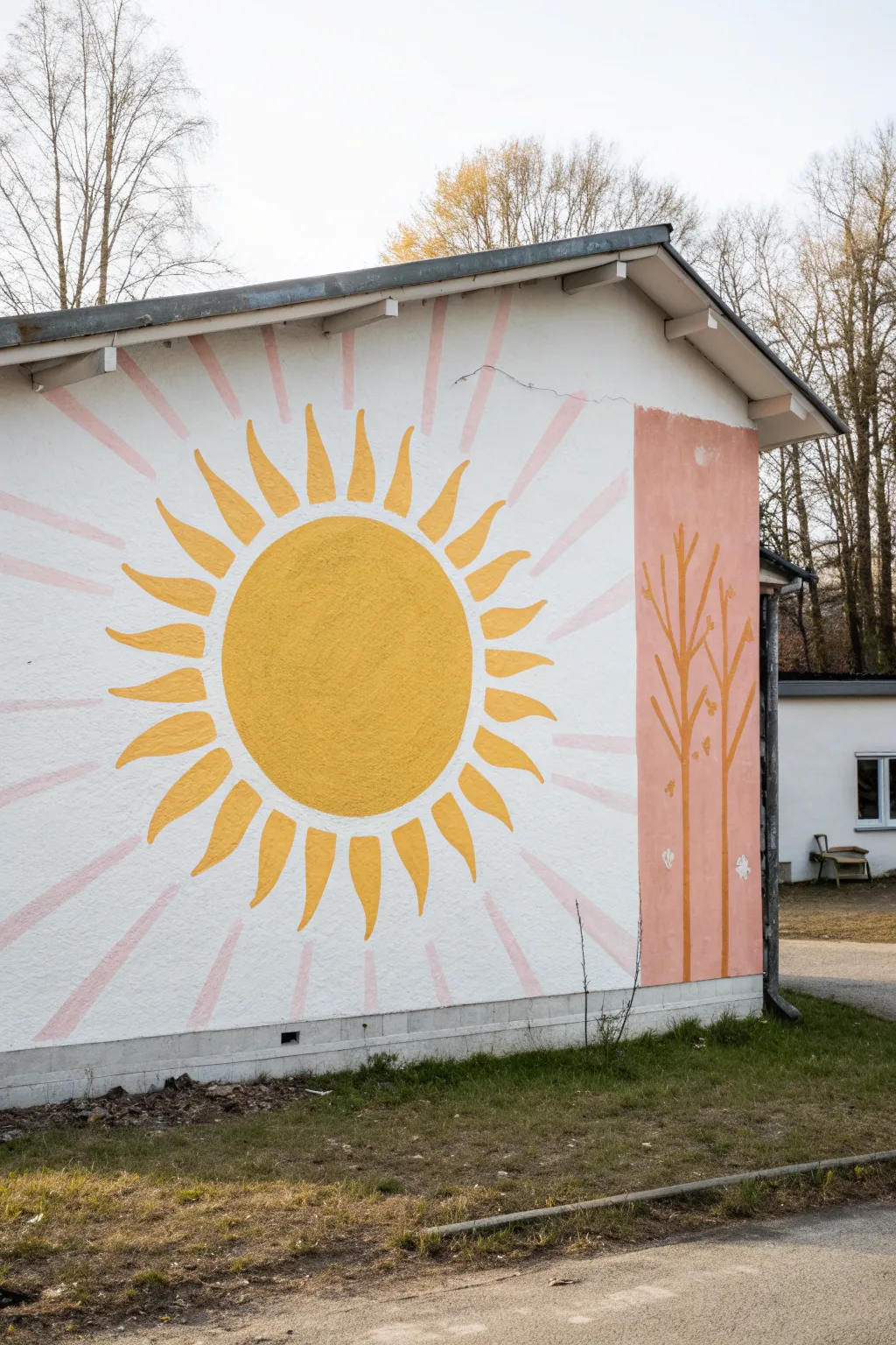 Big sun mural with handprint rays in blush and orange for an easy, joyful spring wall update