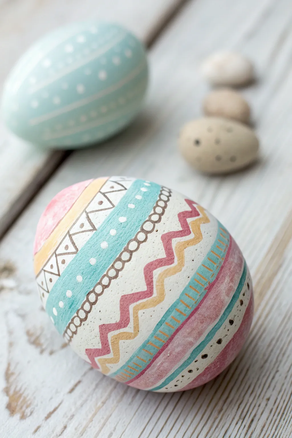 Pastel Easter egg rock patterns with stripes, zigzags, and dots for easy spring crafts