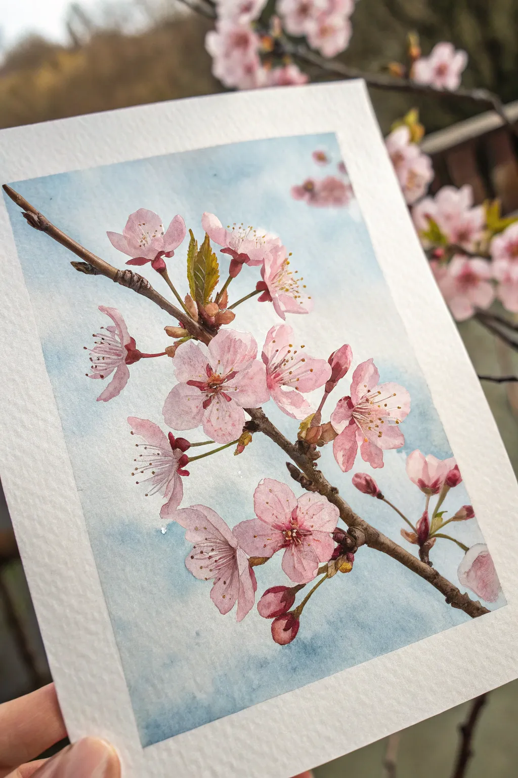 Cherry blossom branch study in loose wet-on-wet watercolor with a pale blue sky wash and drifting petals