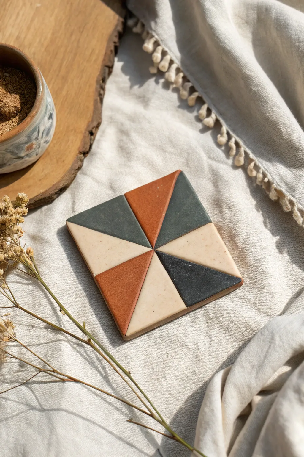 Color-blocked diagonal triangles on a square coaster, crisp tape lines and bold modern contrast