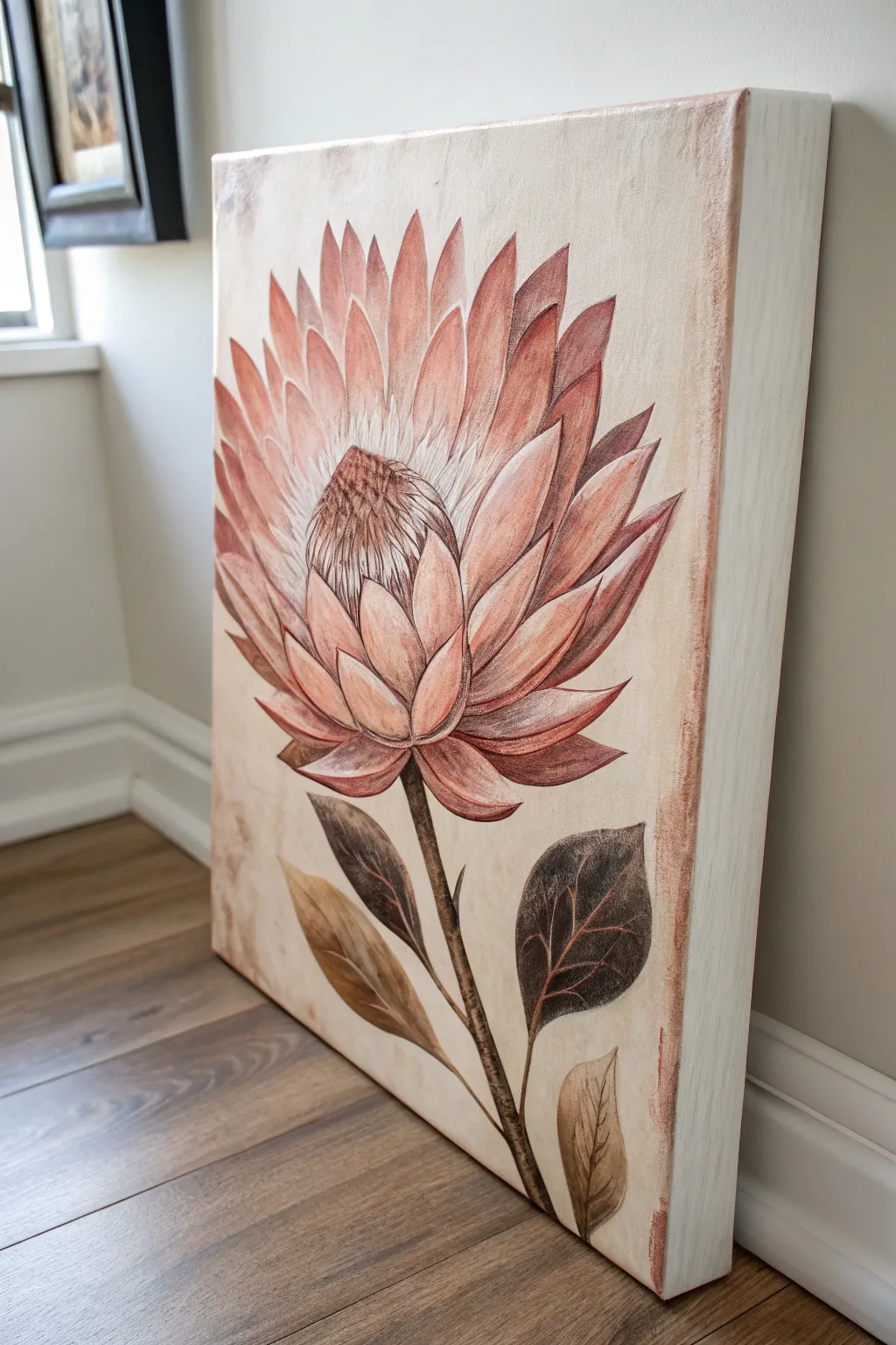 Centered single bloom on a square canvas, soft boho tones and crisp contrast for calm beauty.