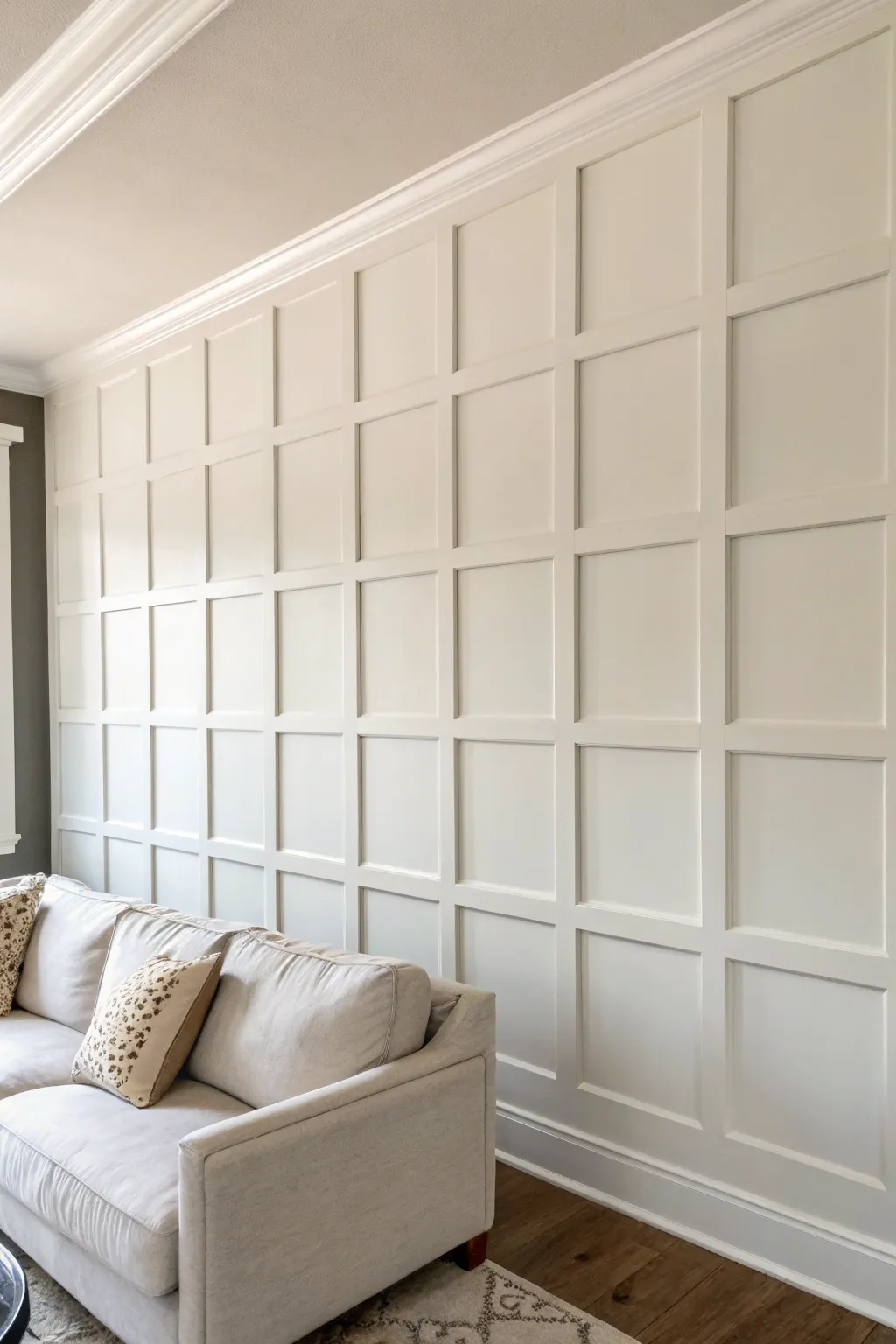 Soft greige board-and-batten square grid wall, where light and shadow do the styling.