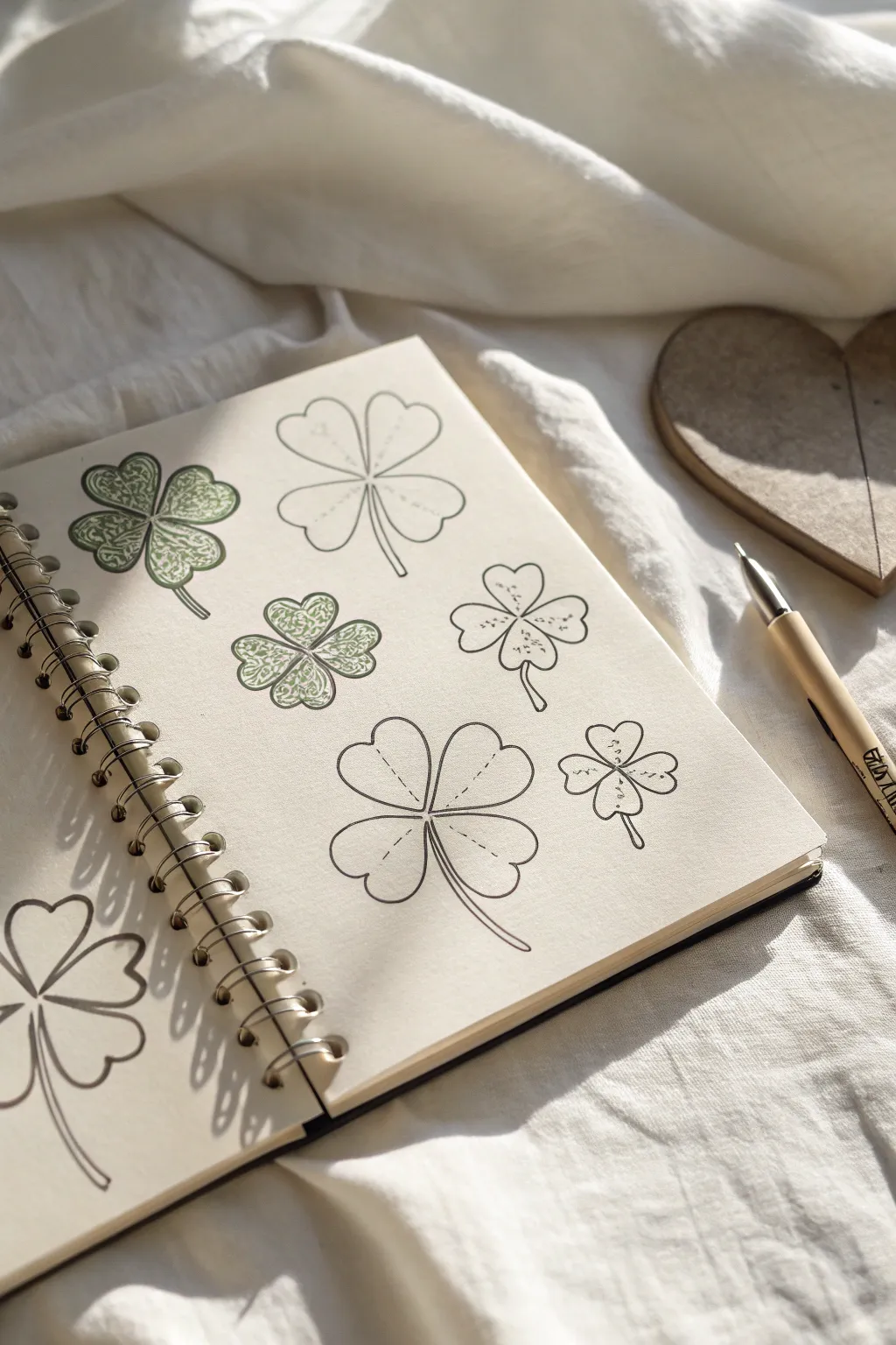 Classic shamrock doodles in varied shapes, pencil to ink, clean Scandinavian minimal with boho warmth