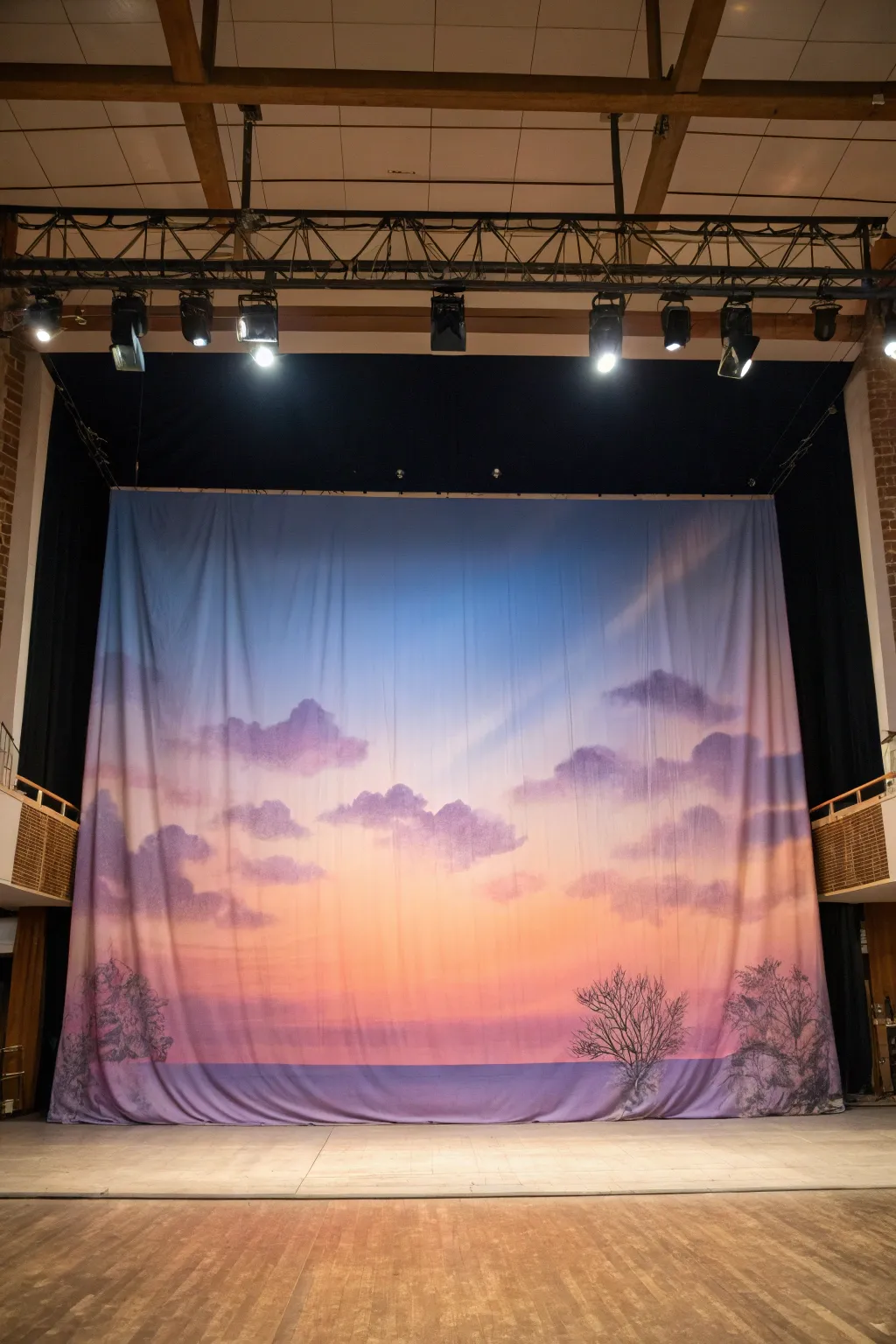 Minimal painted sunset gradient backdrop with soft clouds and warm side glow for dreamy stage mood.