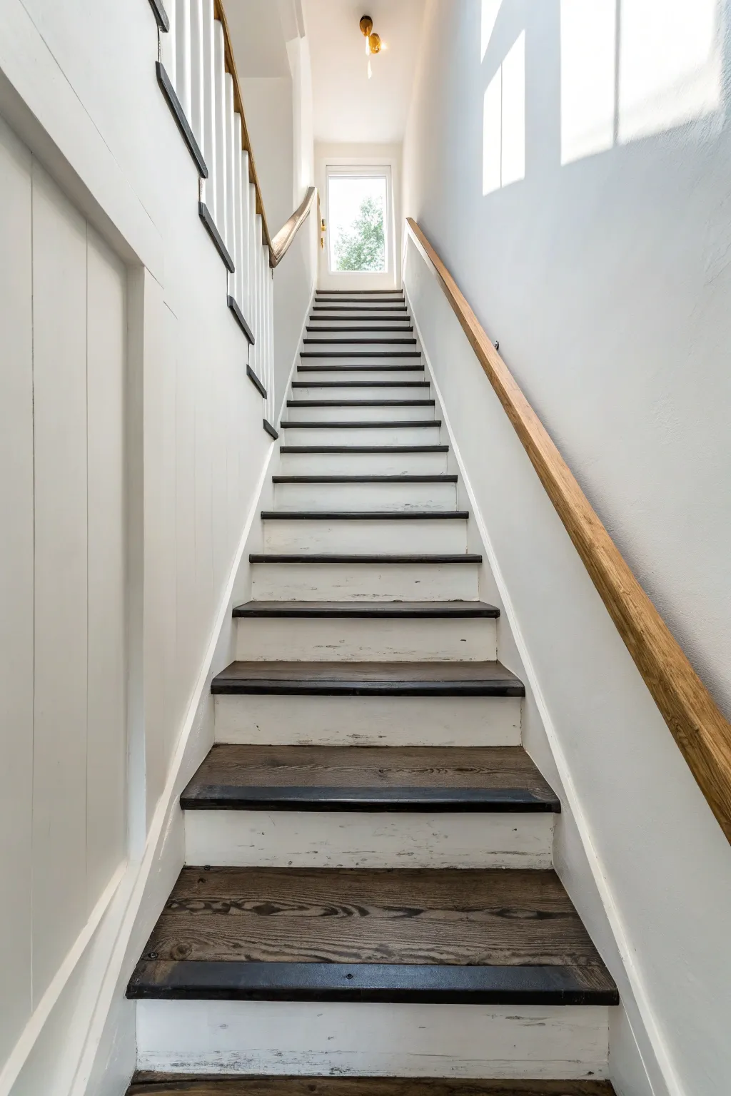 Classic two-tone stairs: bright white risers paired with dark treads for crisp, modern contrast.