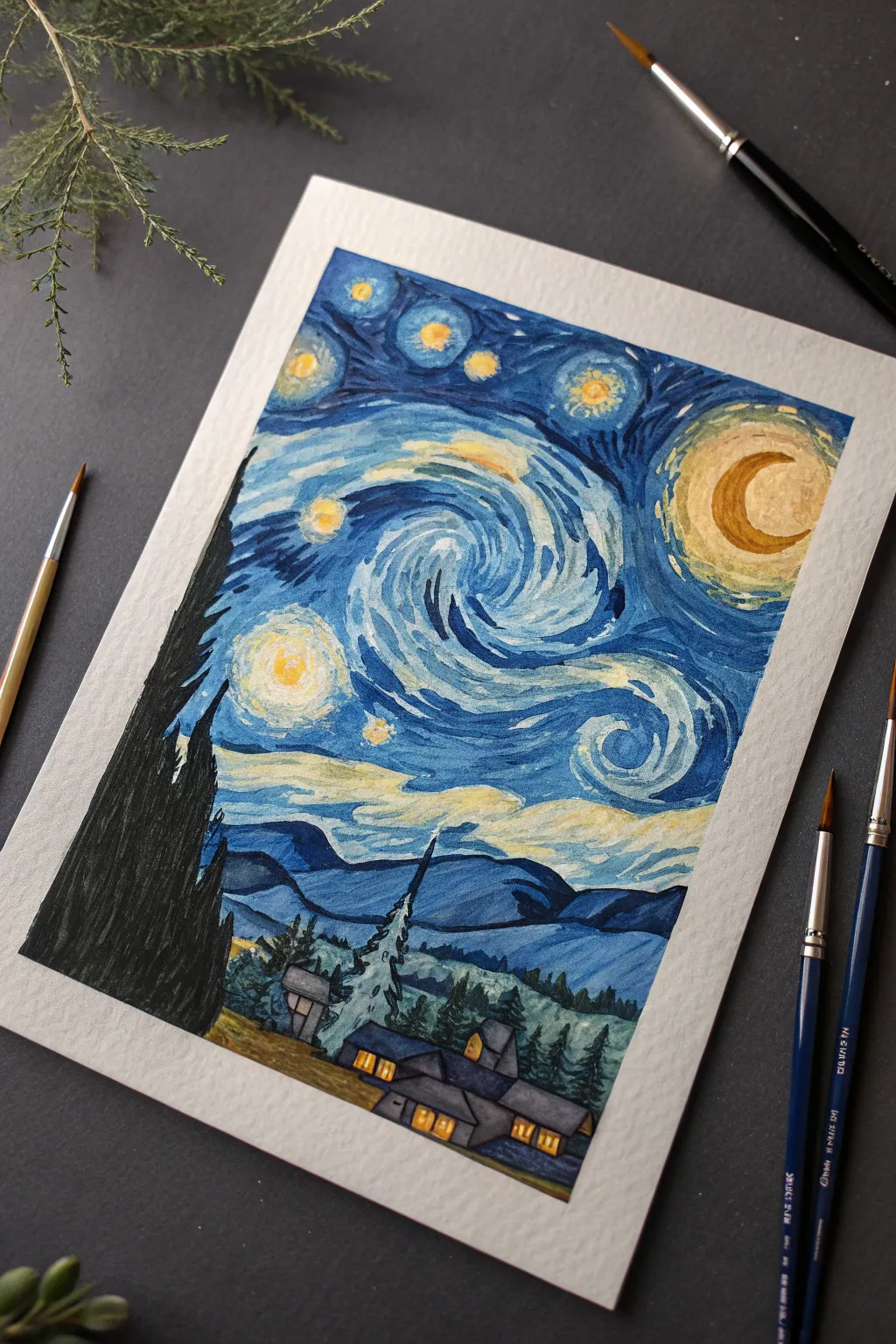 Classic swirling sky, haloed stars, and a sleepy village scene for starry night drawing ideas