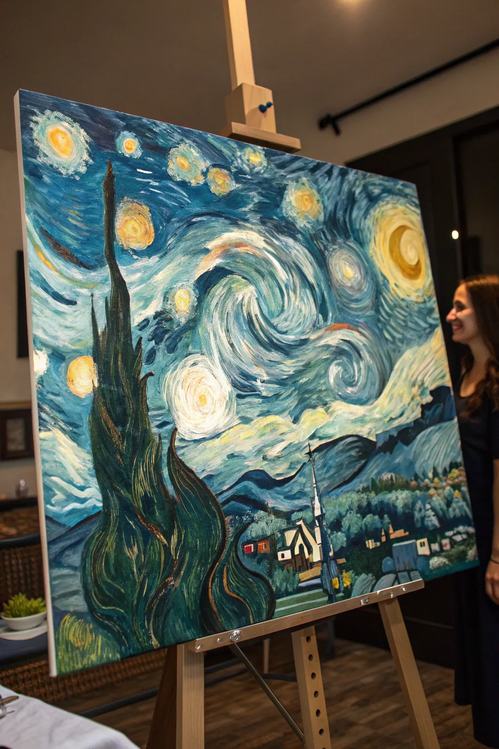 Classic starry night study with swirling blues, glowing stars, and a bold village silhouette.