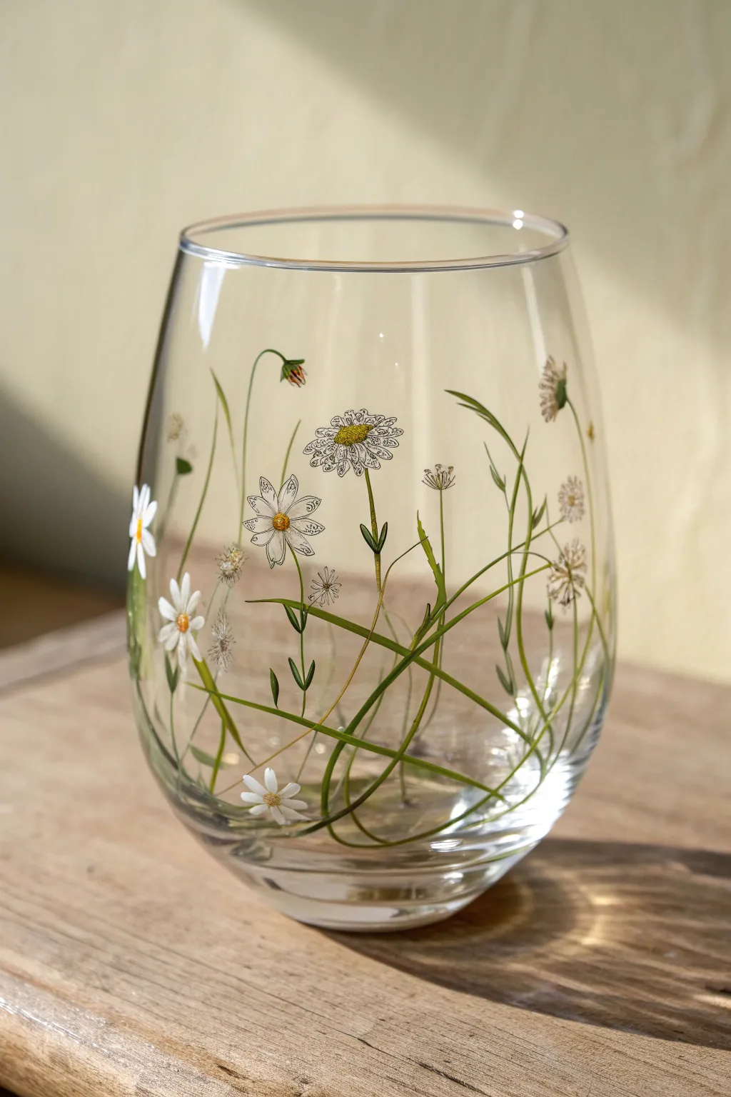 Wildflower wraparound meadow on a stemless wine glass, minimalist Scandinavian calm with boho charm