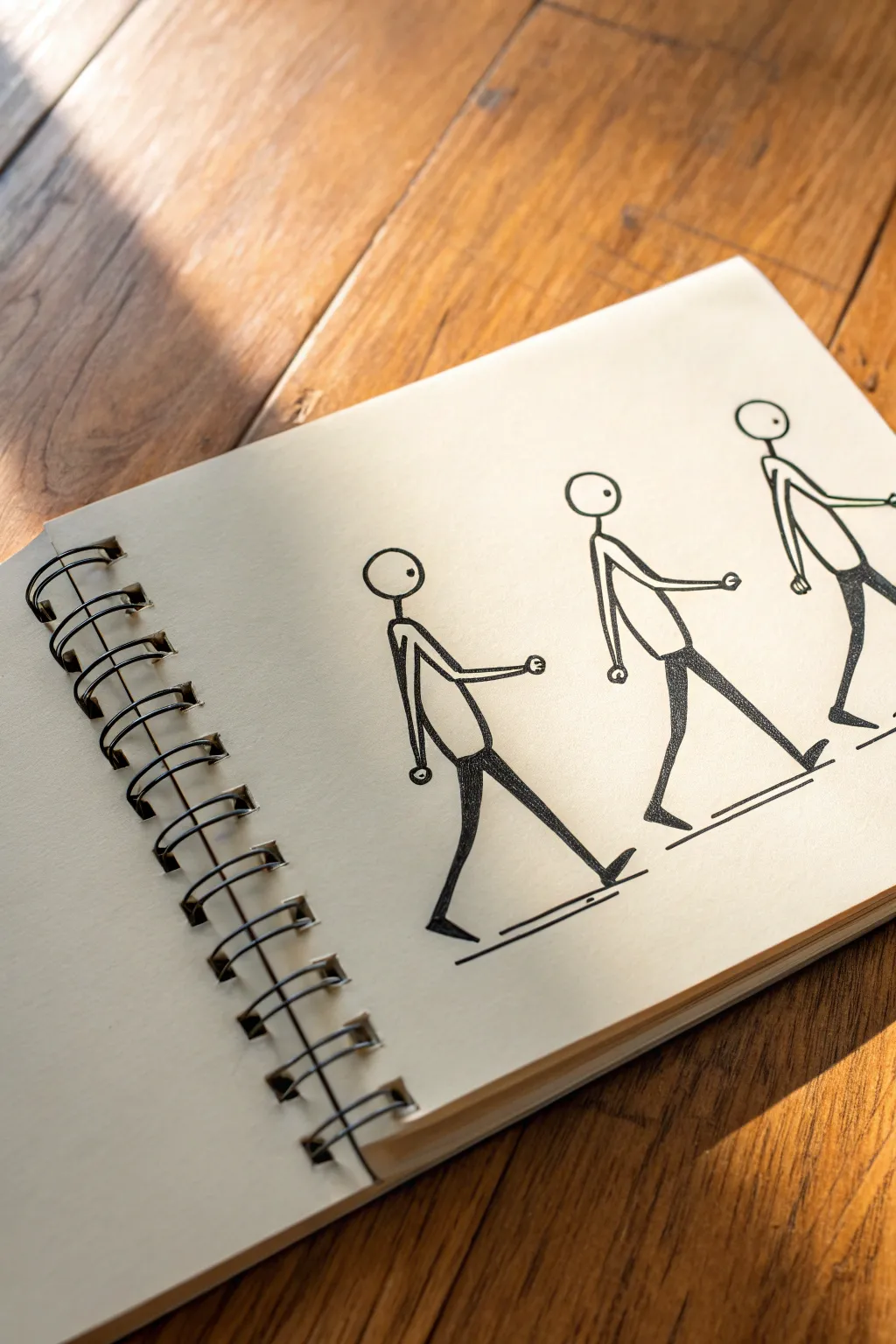 Three classic stickman walking poses in a clean row, perfect for simple gesture warm-ups.