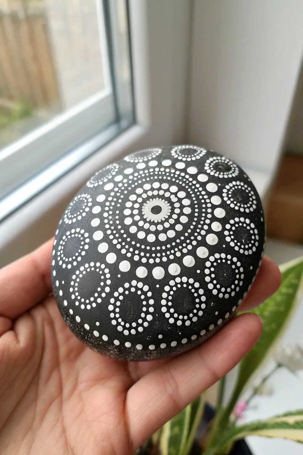 Classic dot mandala stone, clean symmetry and high-contrast dots for a calm, centered look