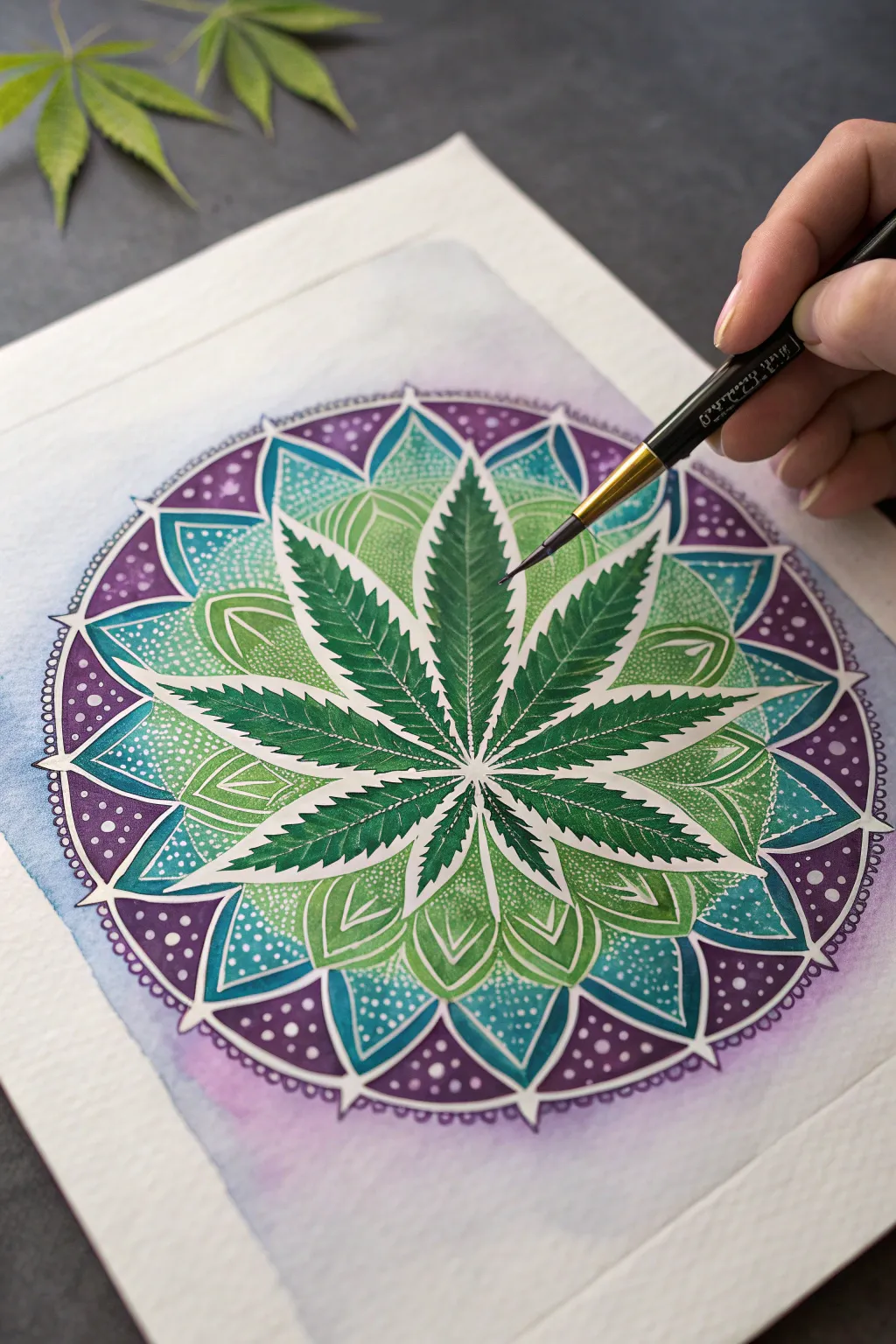 Neon cannabis leaf mandala on dark wash, minimalist boho contrast with crisp detail